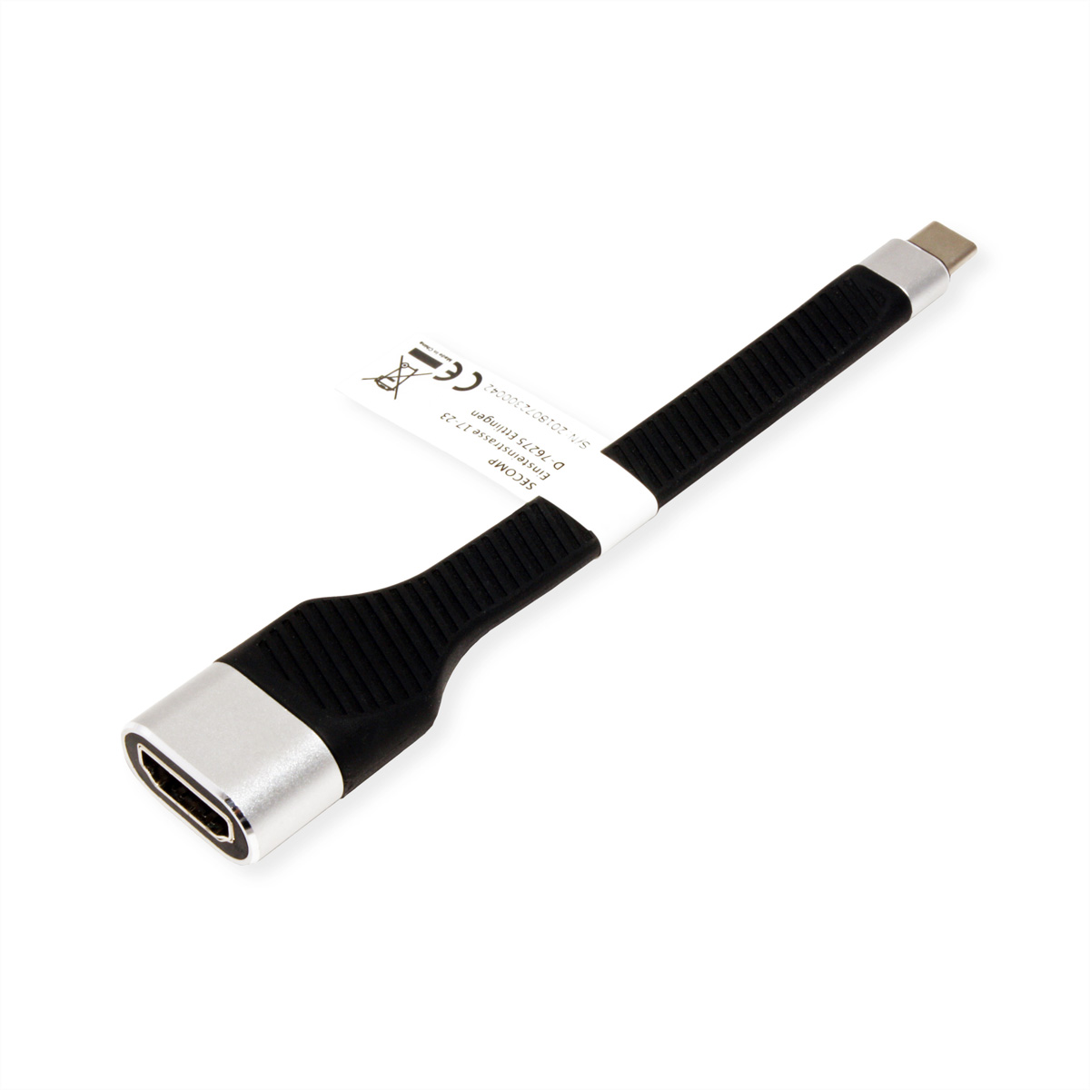 Zwarte en zilveren USB-C adapter met zwarte grip, witte achtergrond.