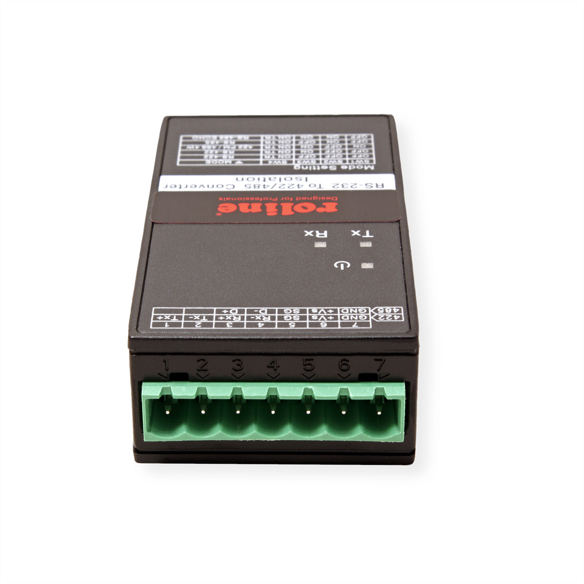 Convertisseur noir RS-232 vers 422/485. Il a plusieurs borniers et un voyant d'alimentation.