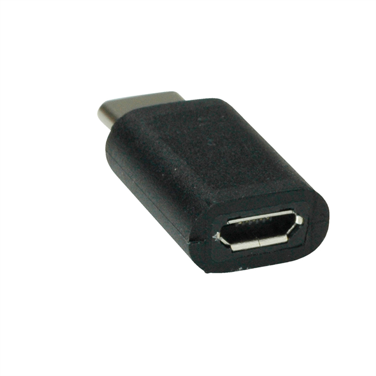 Ein schwarzer Micro-USB-zu-USB-C-Adapter. Das USB-C-Ende ist schwarz.