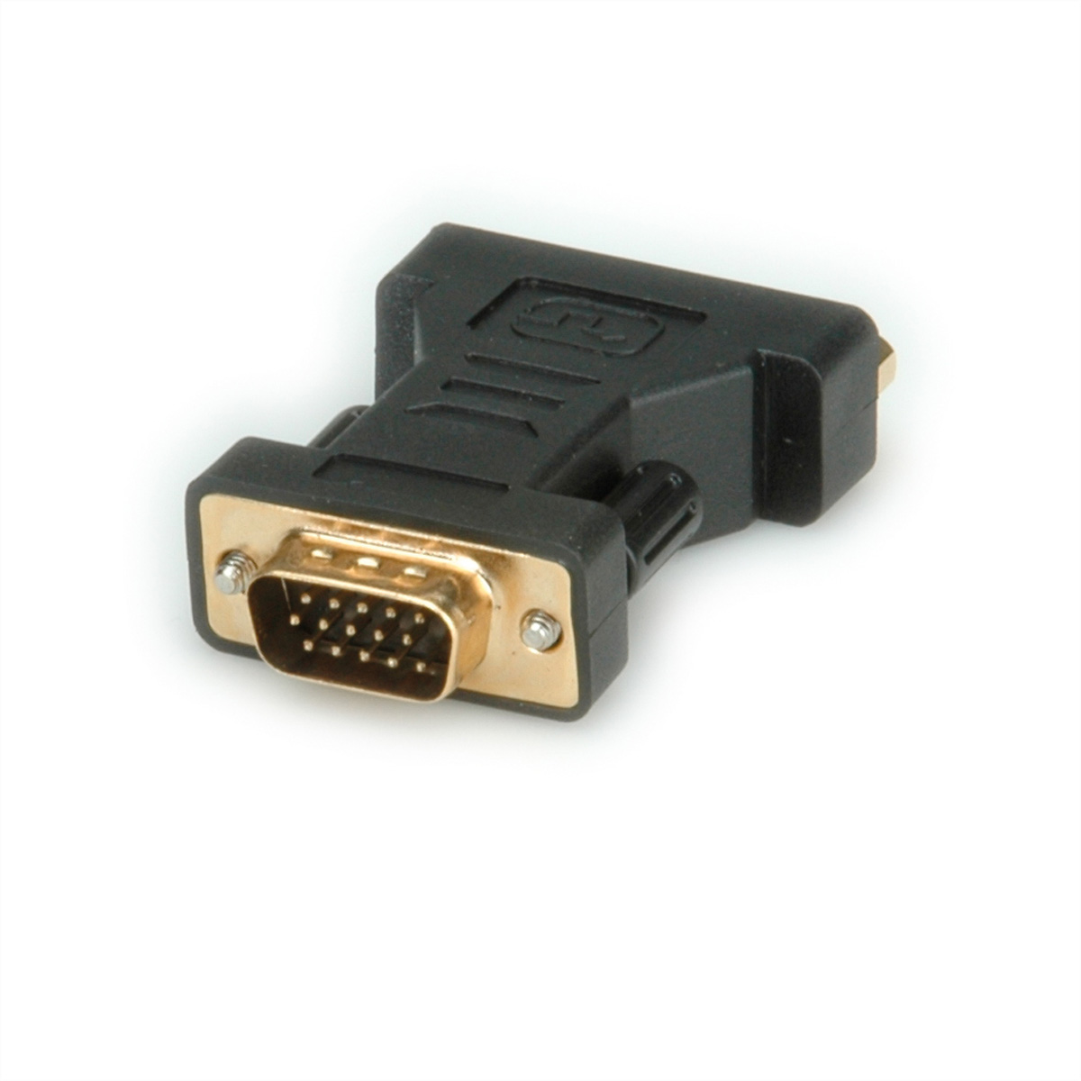 Zwarte VGA naar DVI adapter op witte achtergrond. De VGA-kant is goud.