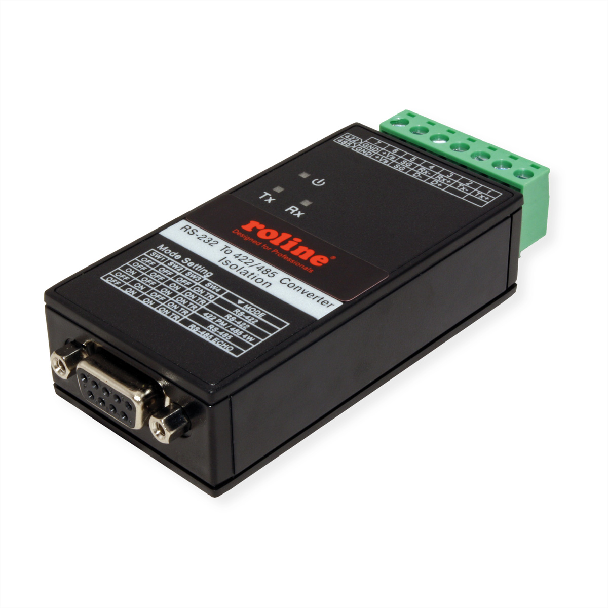 Un convertisseur noir RS-232 vers 422/485 sur fond blanc.