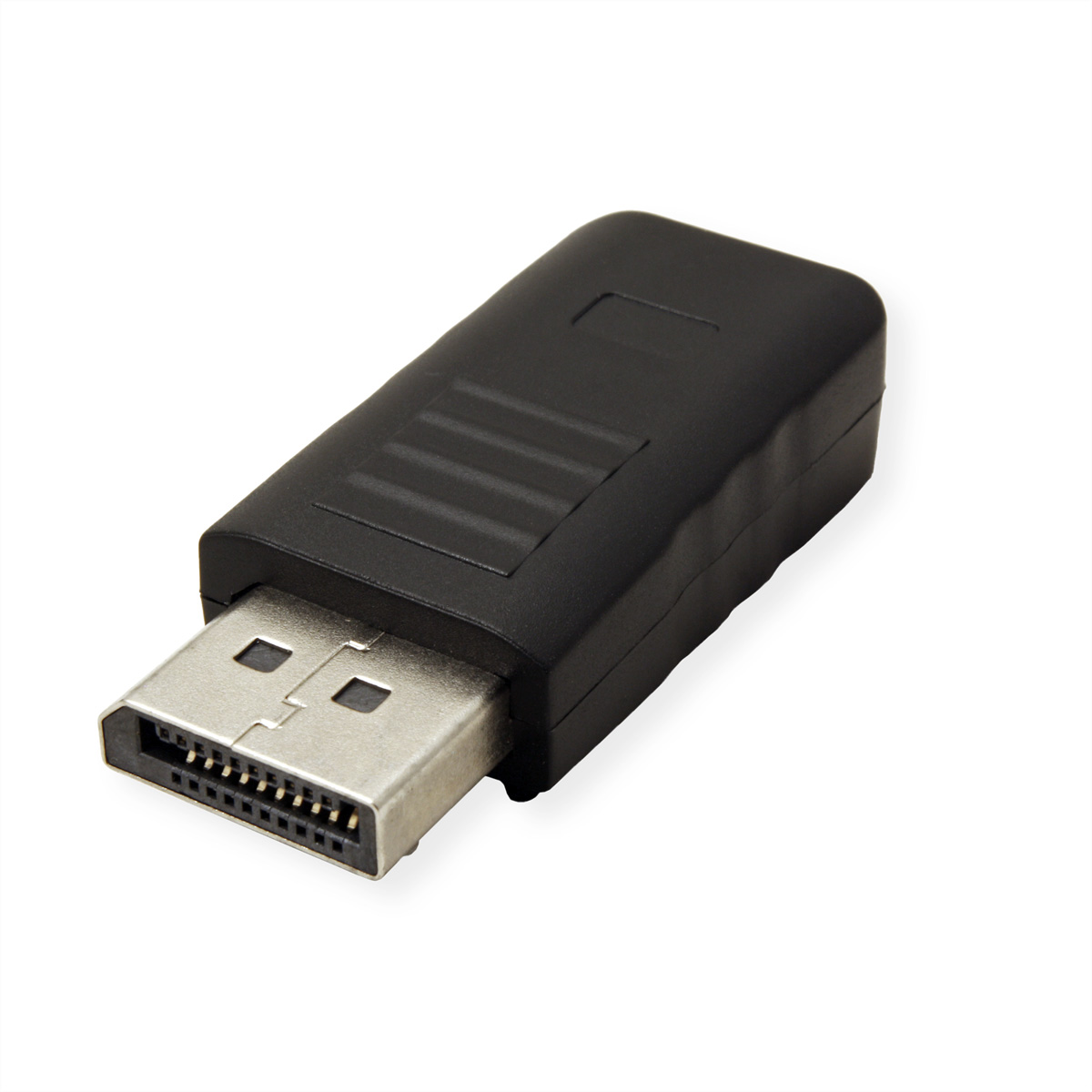 Un adaptateur DisplayPort noir avec un connecteur DisplayPort. Il a une forme rectangulaire.