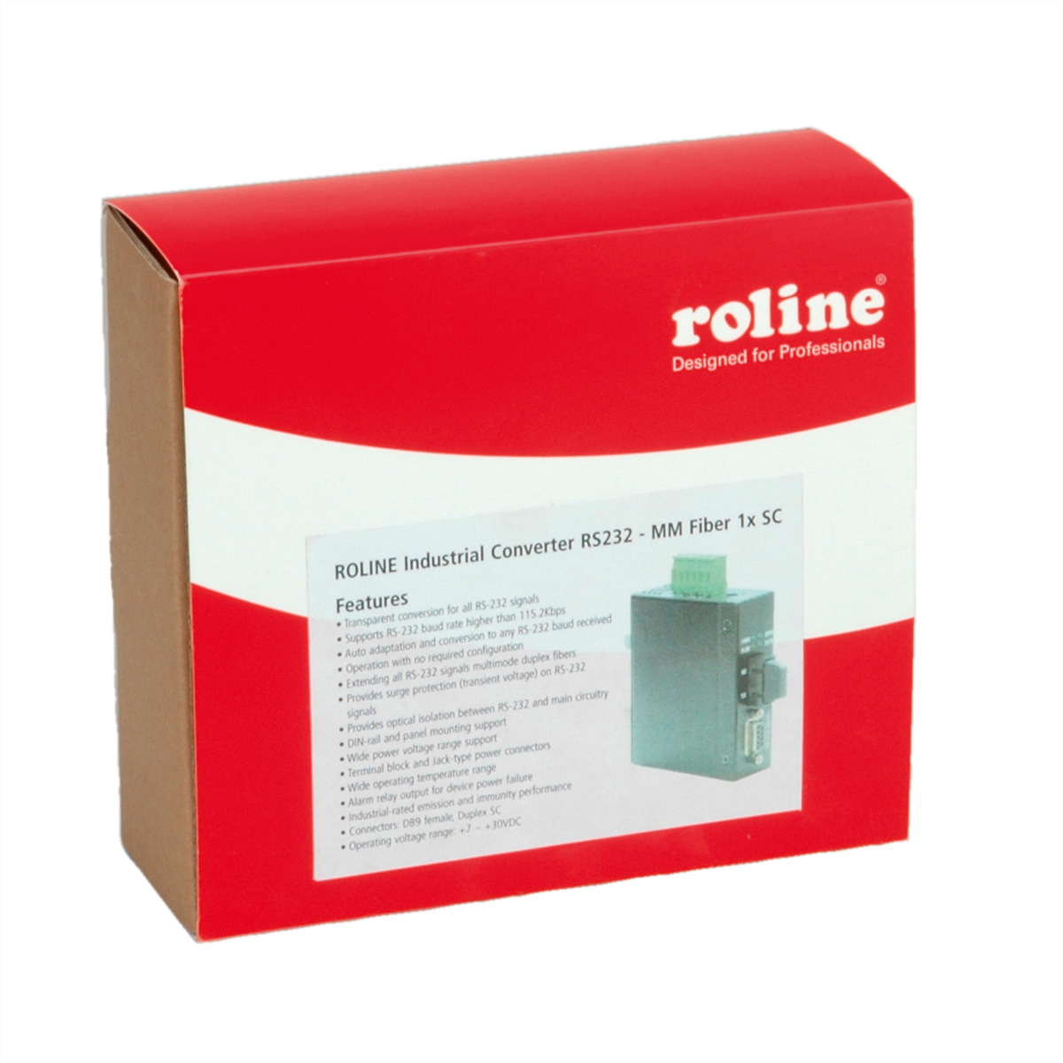 Rote Box mit ROLINE-Text und einem schwarzen Industrie-Konverter.