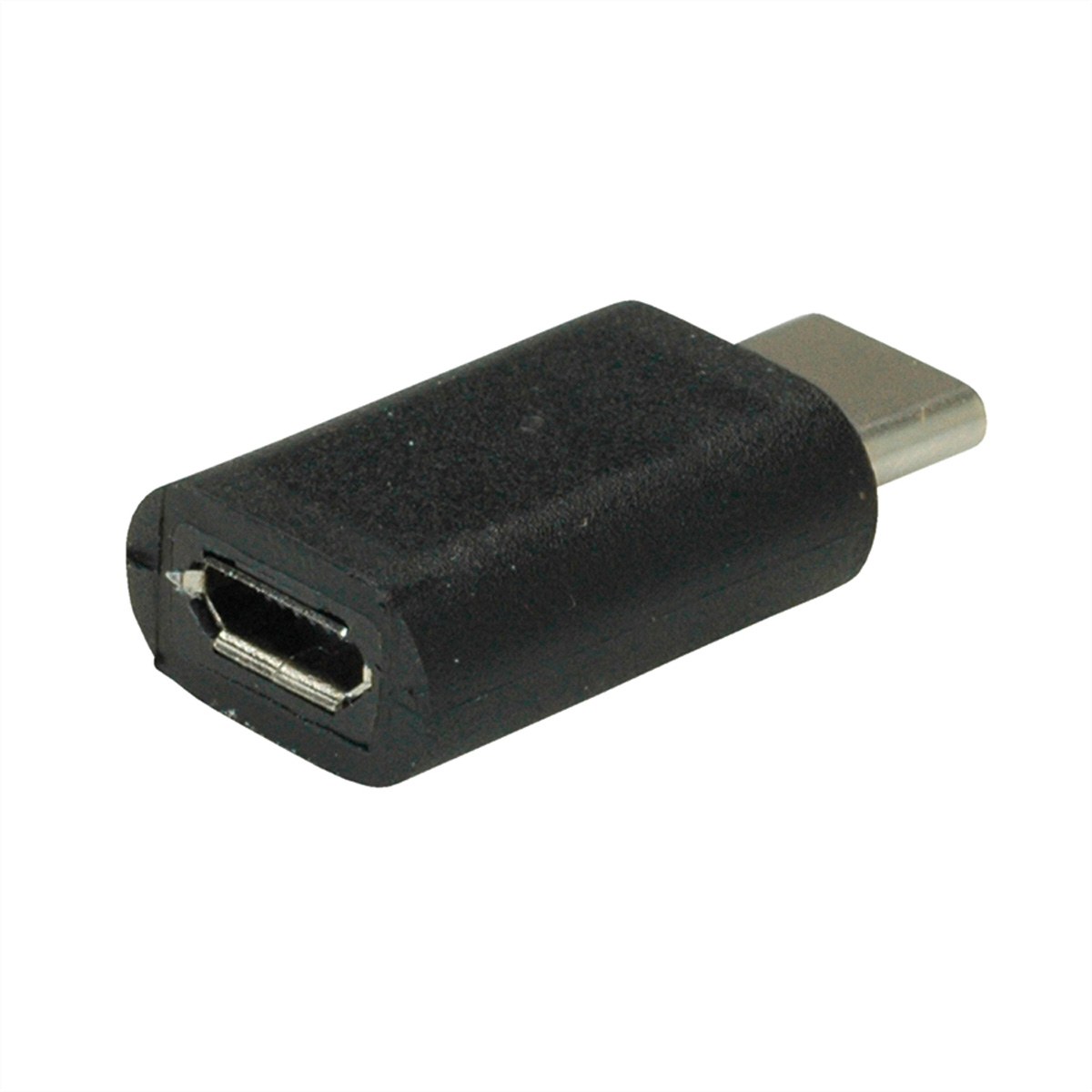 Ein schwarzer USB-C-zu-Micro-USB-Adapter auf weißem Hintergrund. Es hat ein kompaktes Design.