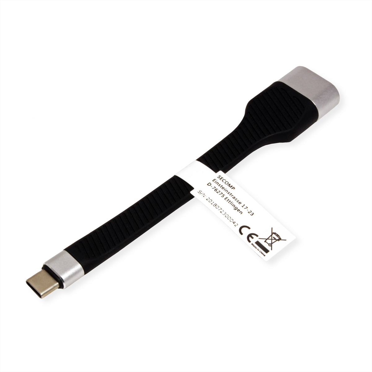 USB-C adapter met een zwarte handgreep en een label. De adapter is aan beide uiteinden zilver.