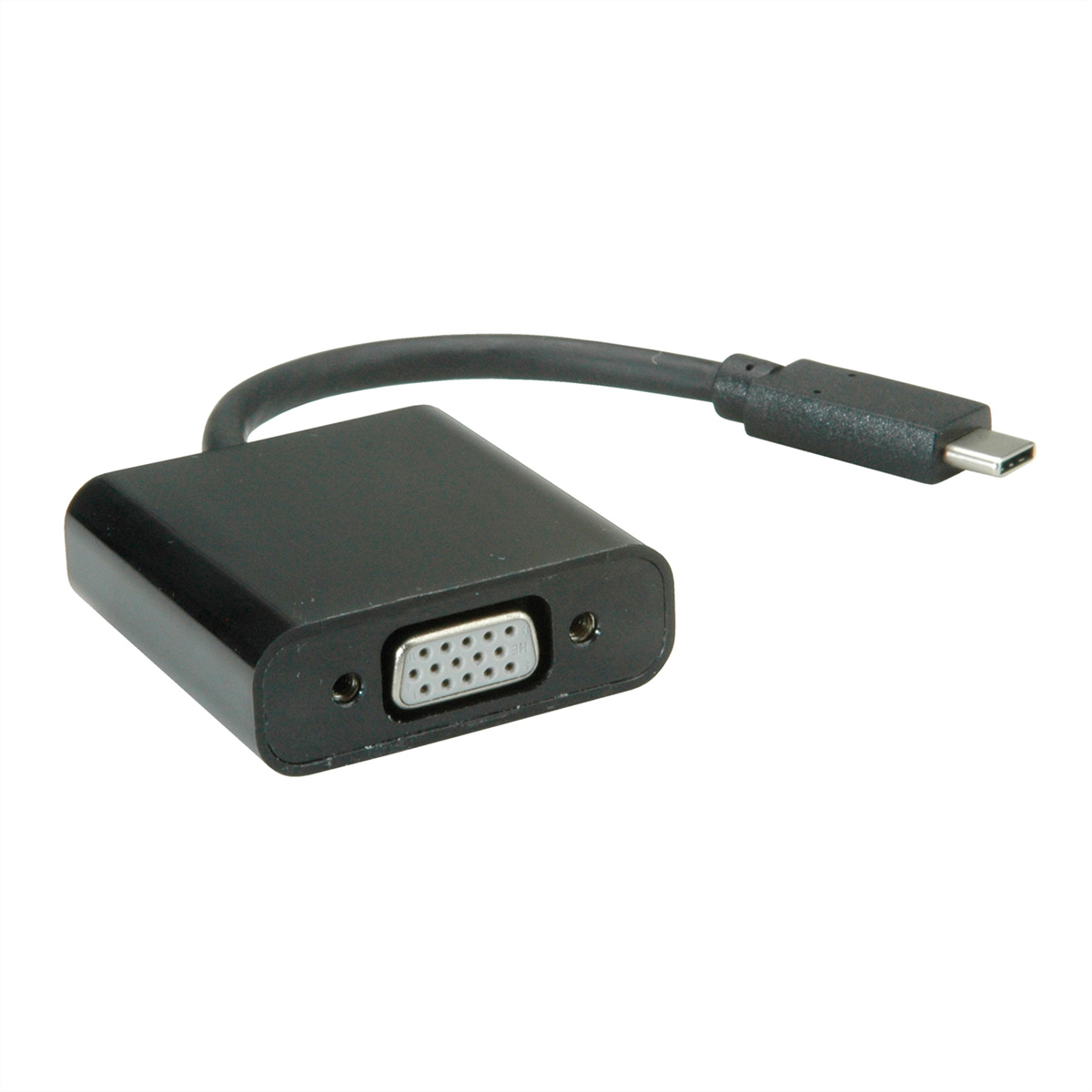 Ein schwarzer VGA-zu-USB-C-Adapter auf weißer Oberfläche, die Anschlüsse sind sichtbar.