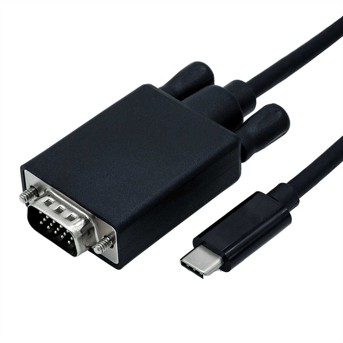 Ein schwarzes VGA-zu-USB-C-Adapterkabel.