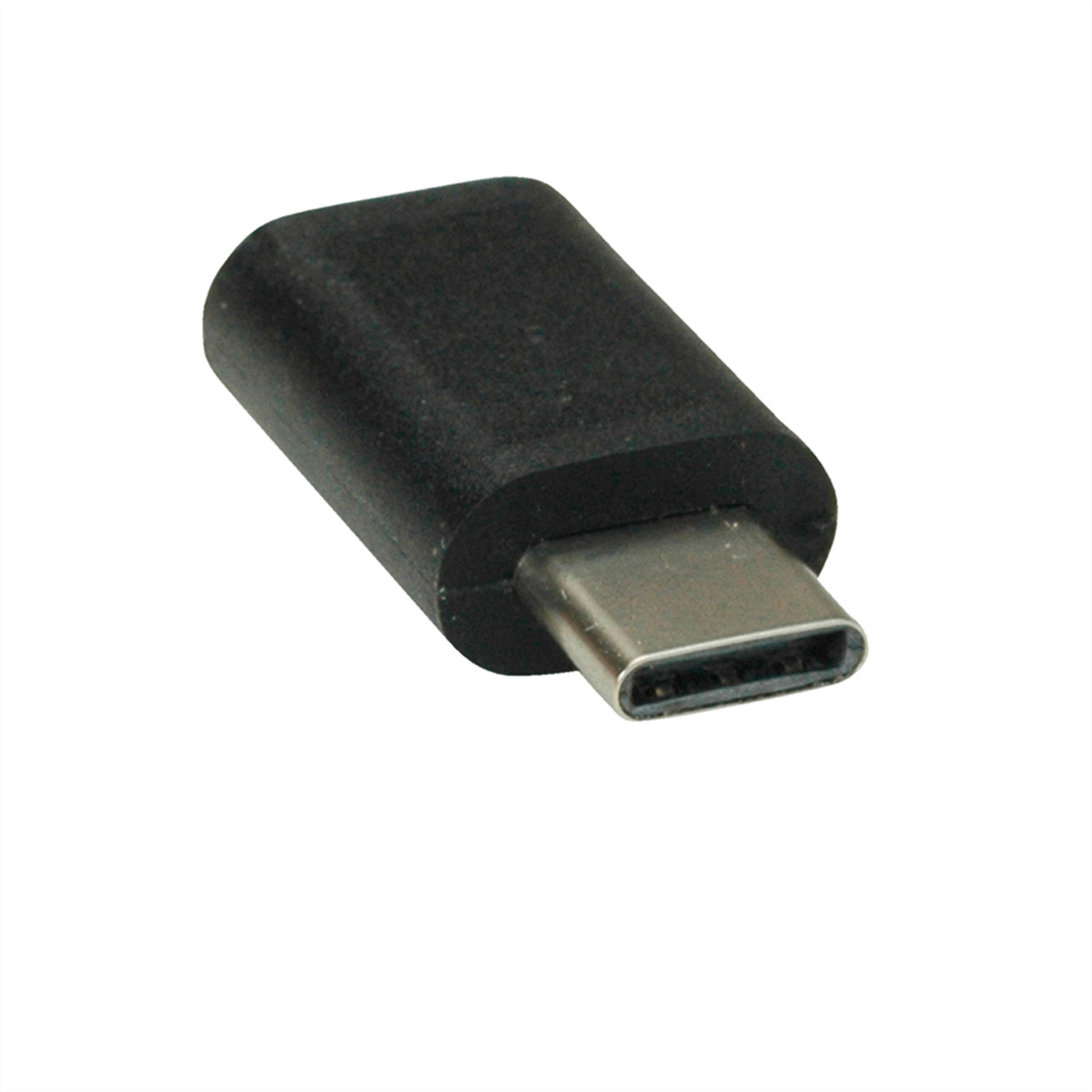 Schwarzer USB-C-Adapter vor weißem Hintergrund, zeigt den USB-C-Anschluss.