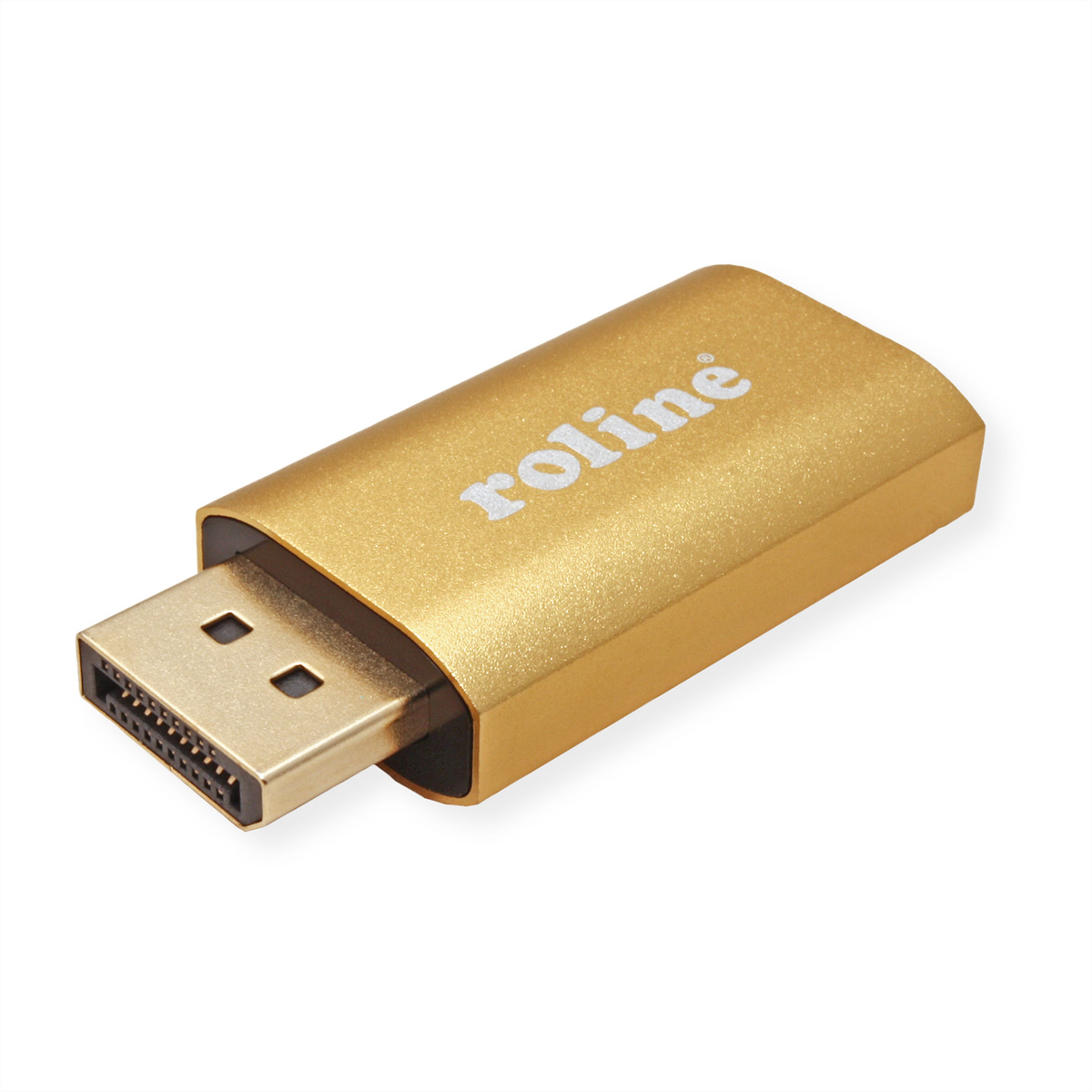 Goldener Roline-Adapter. Er hat einen Anschluss auf der Vorderseite und das Roline-Logo.