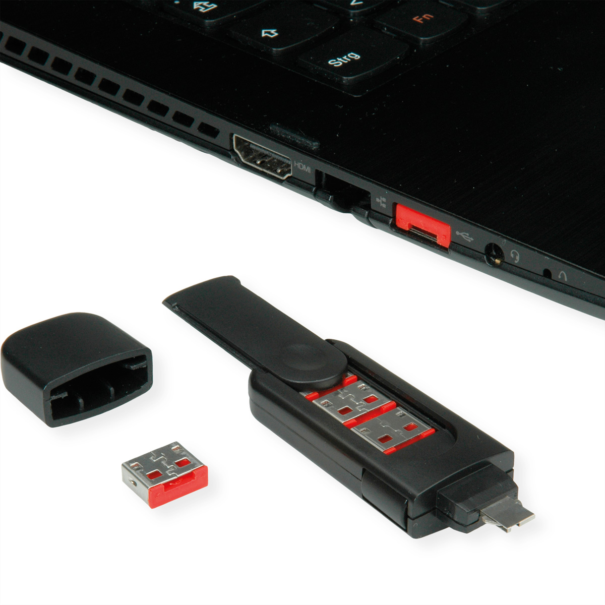 Ordinateur portable avec ports USB et une clé USB. Un adaptateur USB et un micro USB sont également affichés. Fond blanc.