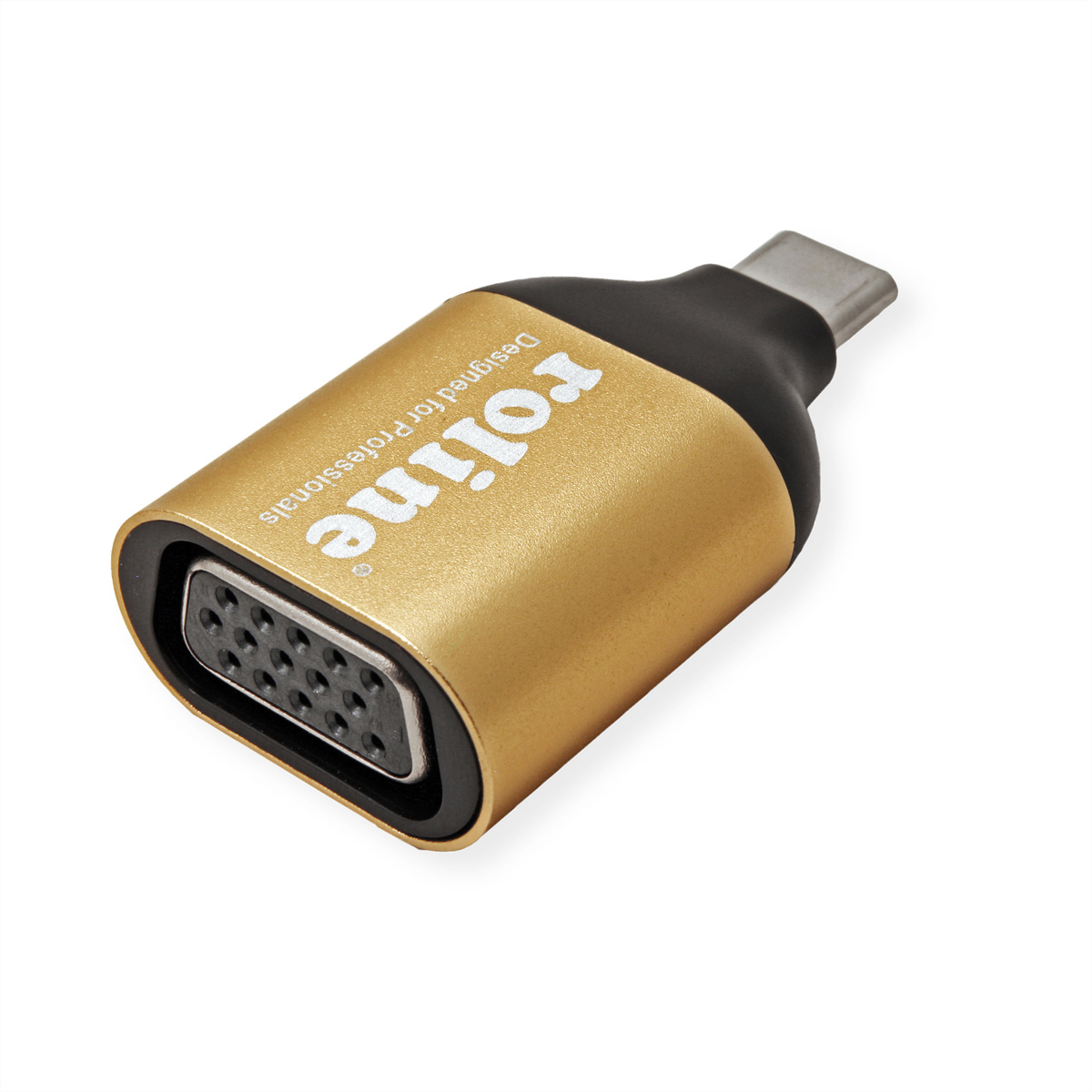 Ein goldener Adapter mit USB-C-Anschluss und schwarzem VGA-Anschluss. Beschriftet: "Designed for Professionals".