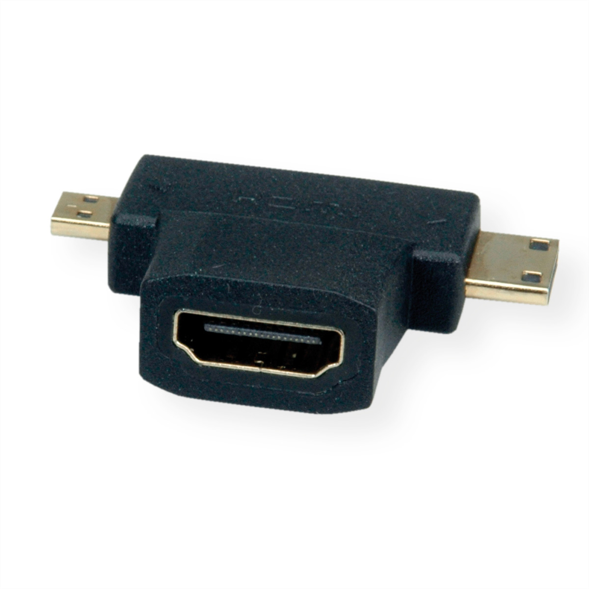 Schwarzer HDMI-Adapter mit HDMI-Stecker und zwei Micro-USB-Anschlüssen auf weißem Hintergrund.