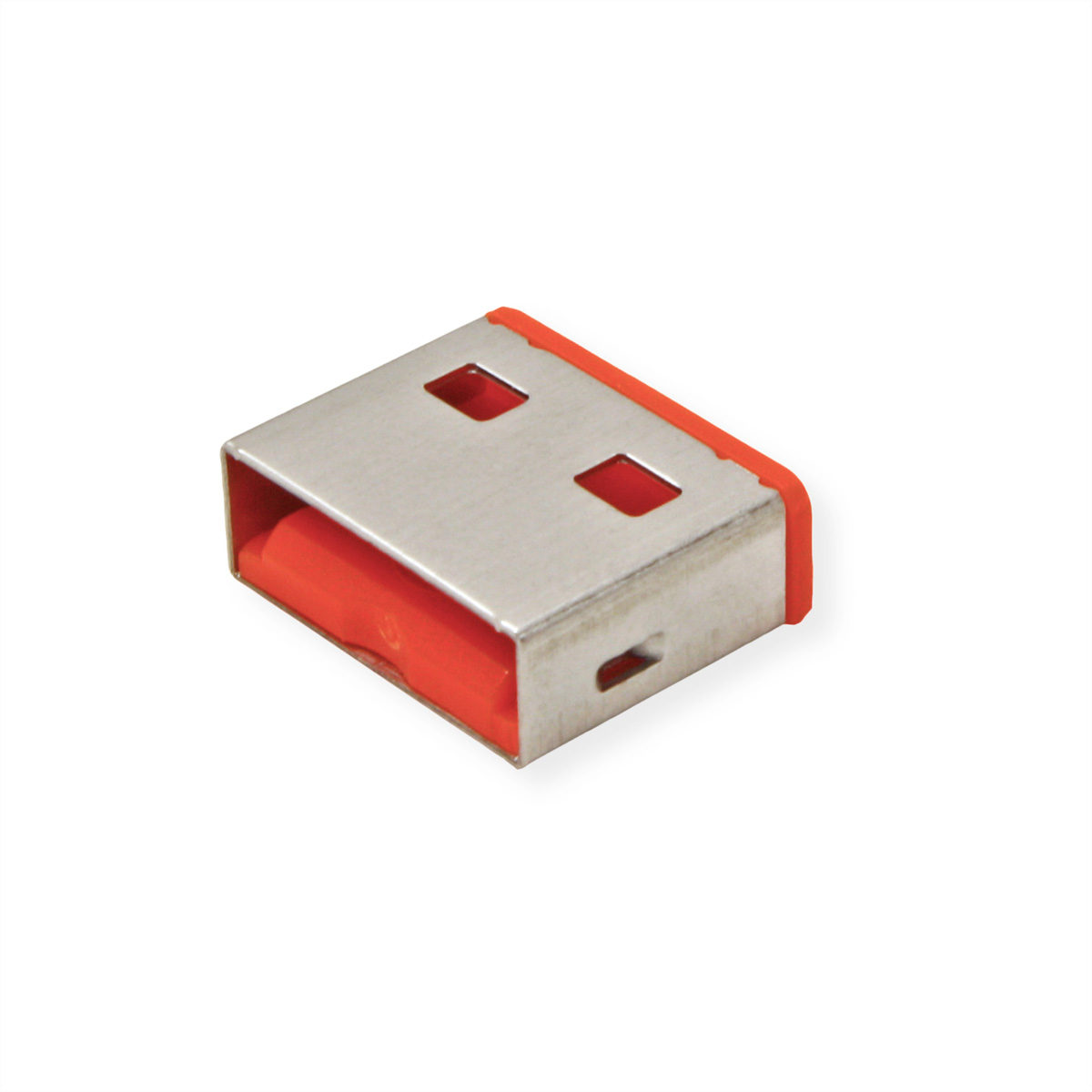 Adaptateur USB argenté et rouge. Il est rectangulaire et possède deux trous.
