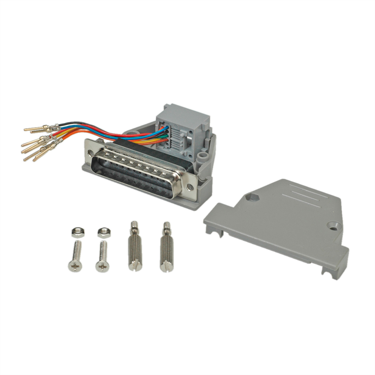 Grijze D-sub connector met schroeven en een afdekking. Witte achtergrond.