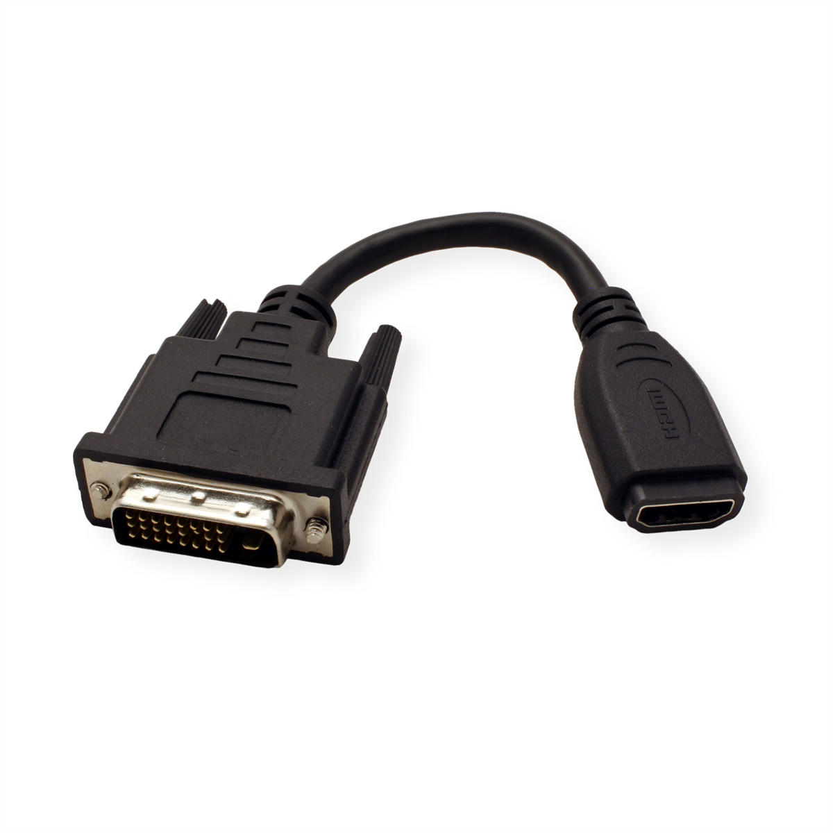 Un adaptateur HDMI vers DVI noir, avec un câble noir, sur fond blanc.