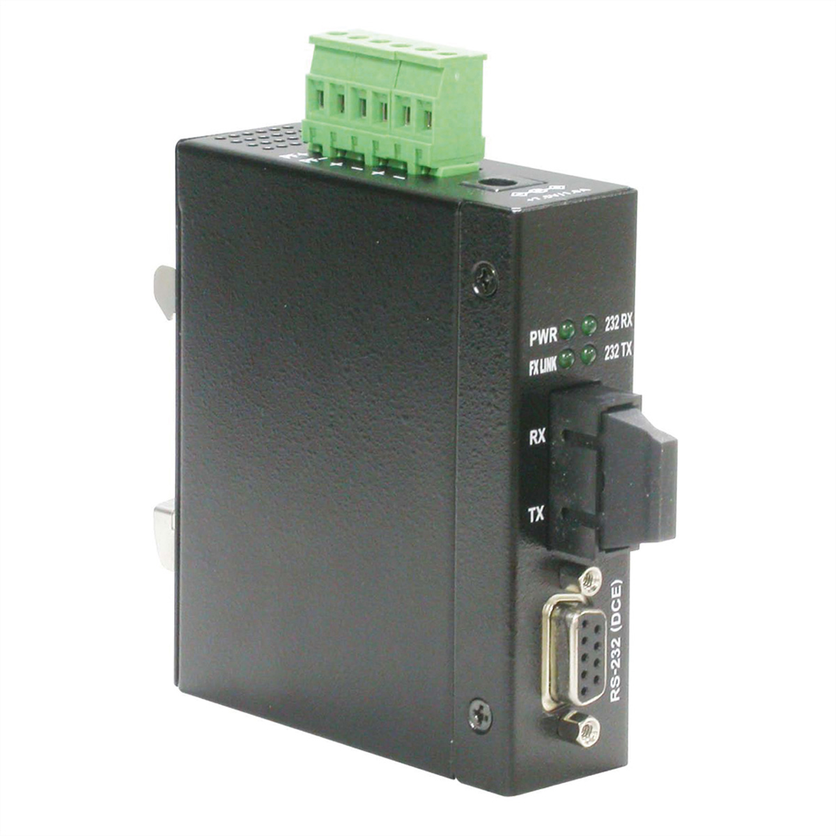Schwarzes elektronisches Gerät mit grünem Stecker, Beschriftungen. RS-232-Anschluss, Strom- und Link-Anzeigen. Weißer Hintergrund.
