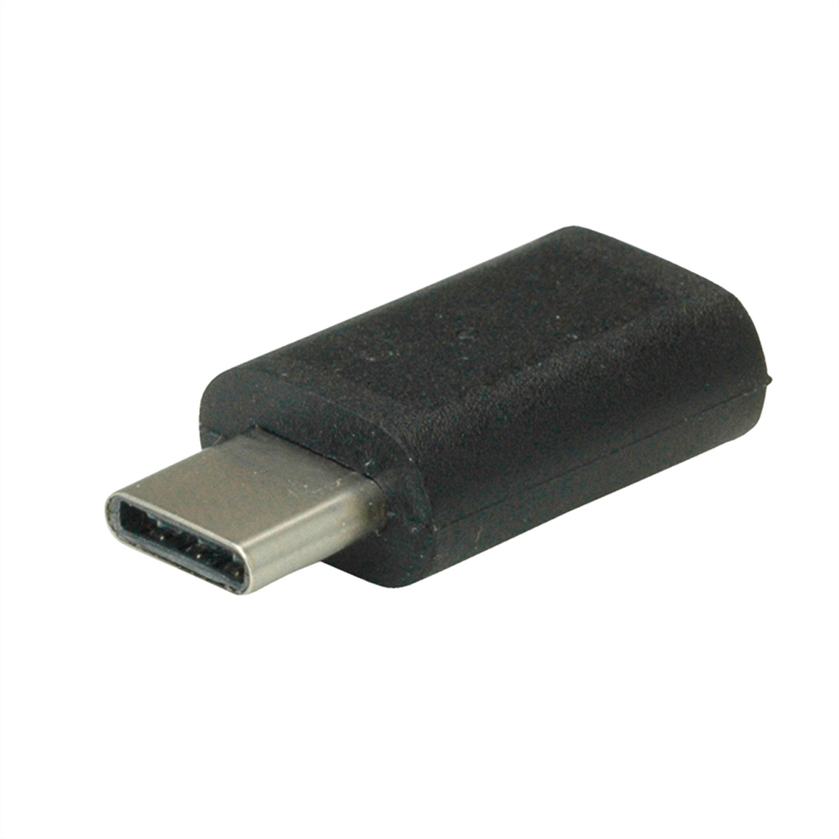 Ein schwarzer USB-C-Adapter, angewinkelt, auf weißem Hintergrund.