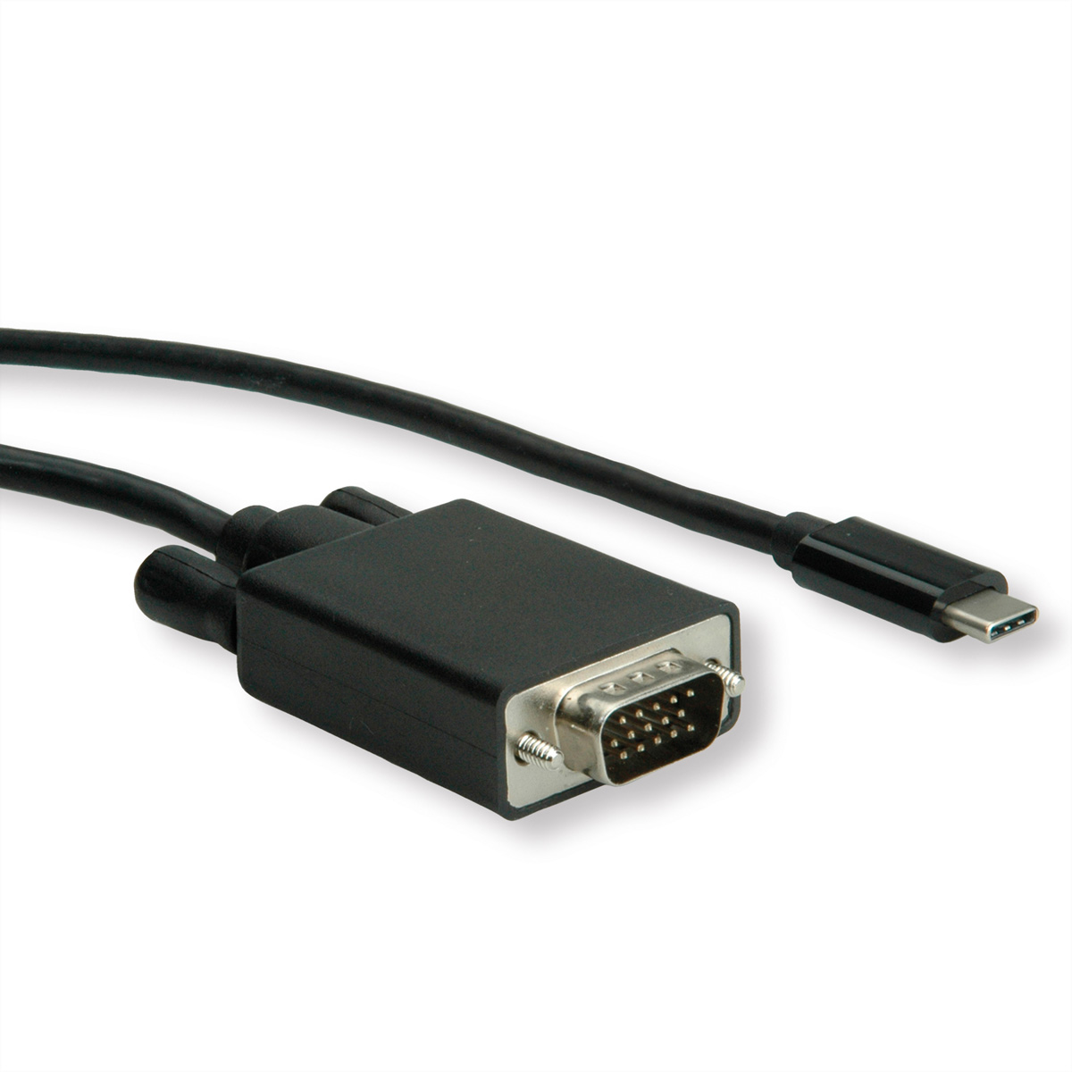 Schwarzes VGA-zu-USB-C-Kabel. Der VGA-Stecker ist links, USB-C rechts.