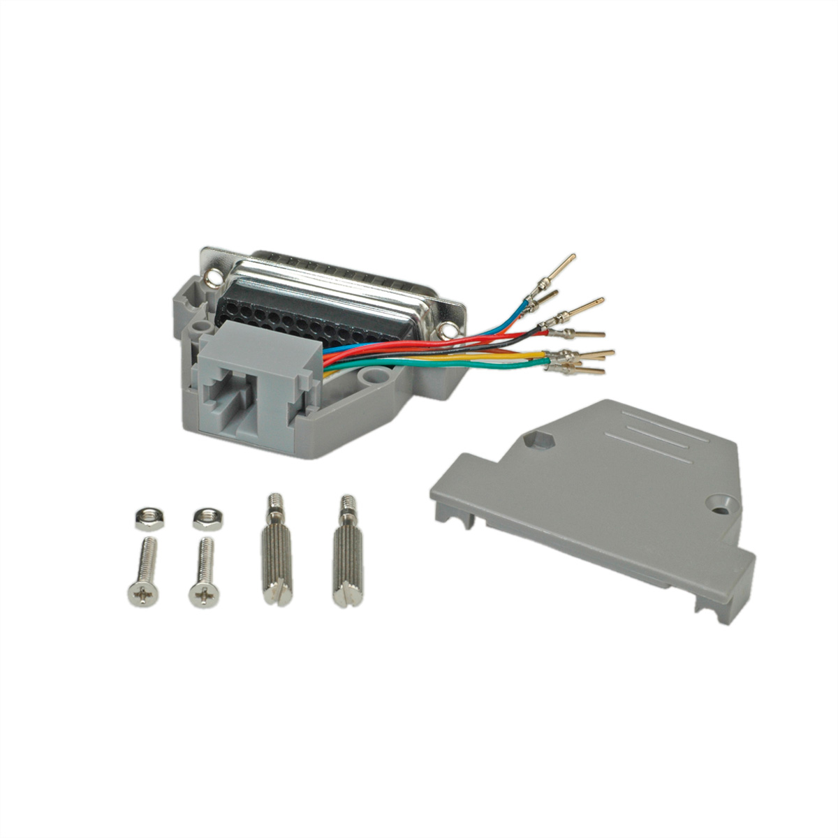 Grijze D-sub connector met draden, schroeven en deksel op wit.