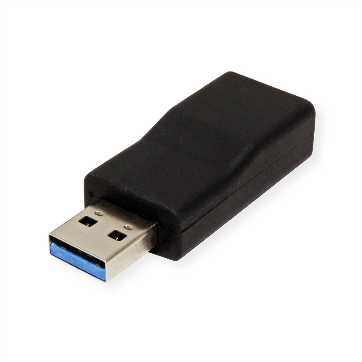 Adaptateur noir USB 3.0 vers USB-A. Il a une forme rectangulaire avec un connecteur USB-A et une partie bleue.