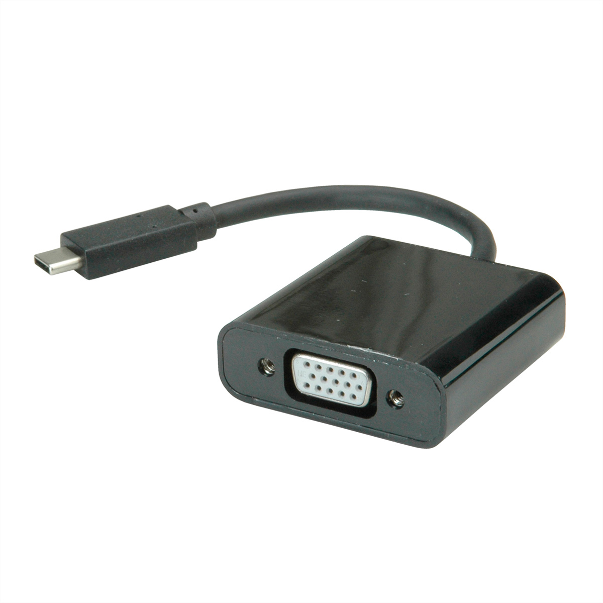 Schwarzer Adapter mit USB-C- und VGA-Anschlüssen. Weißer Hintergrund.