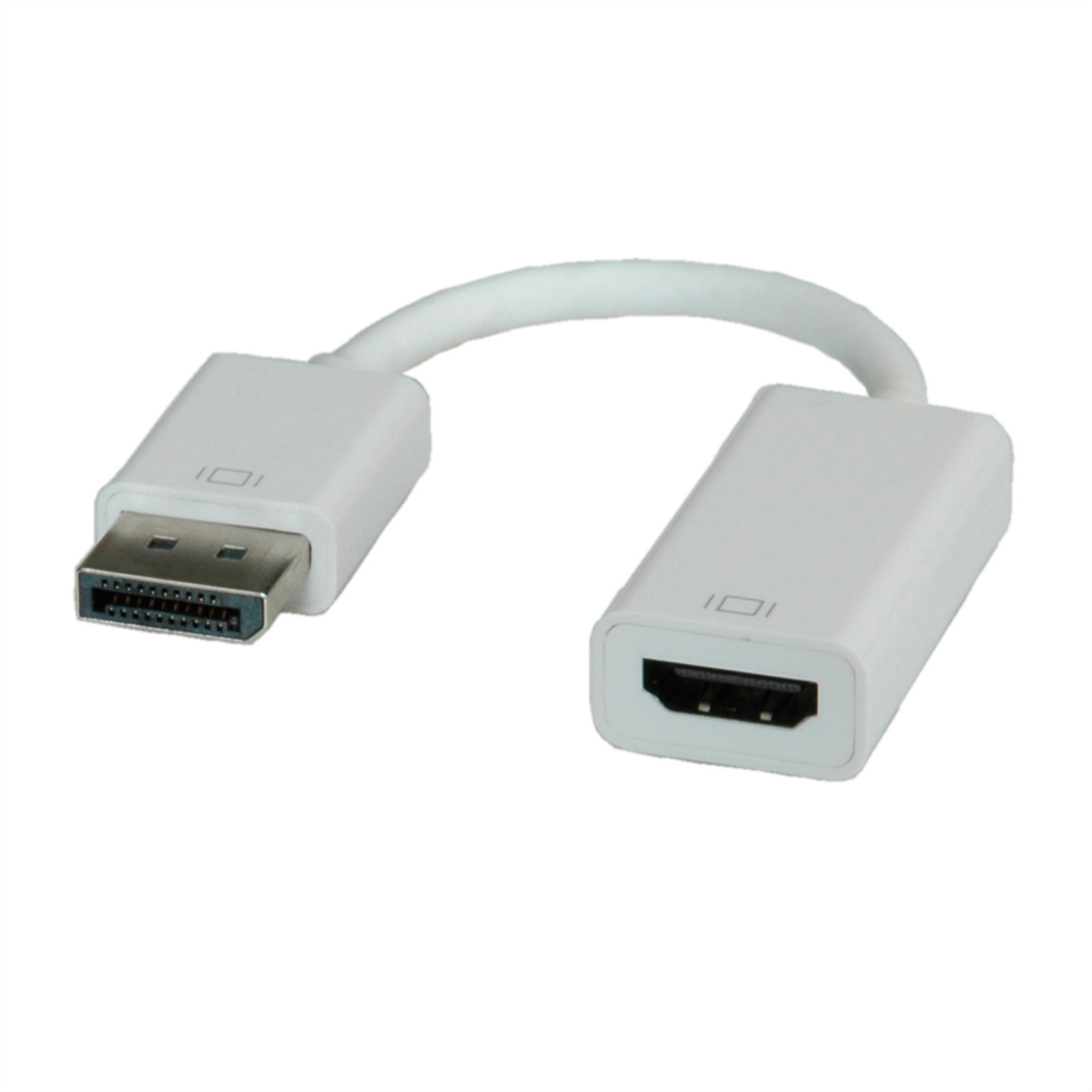 Biały kabel adaptera DisplayPort do HDMI, z widocznymi oboma złączami.