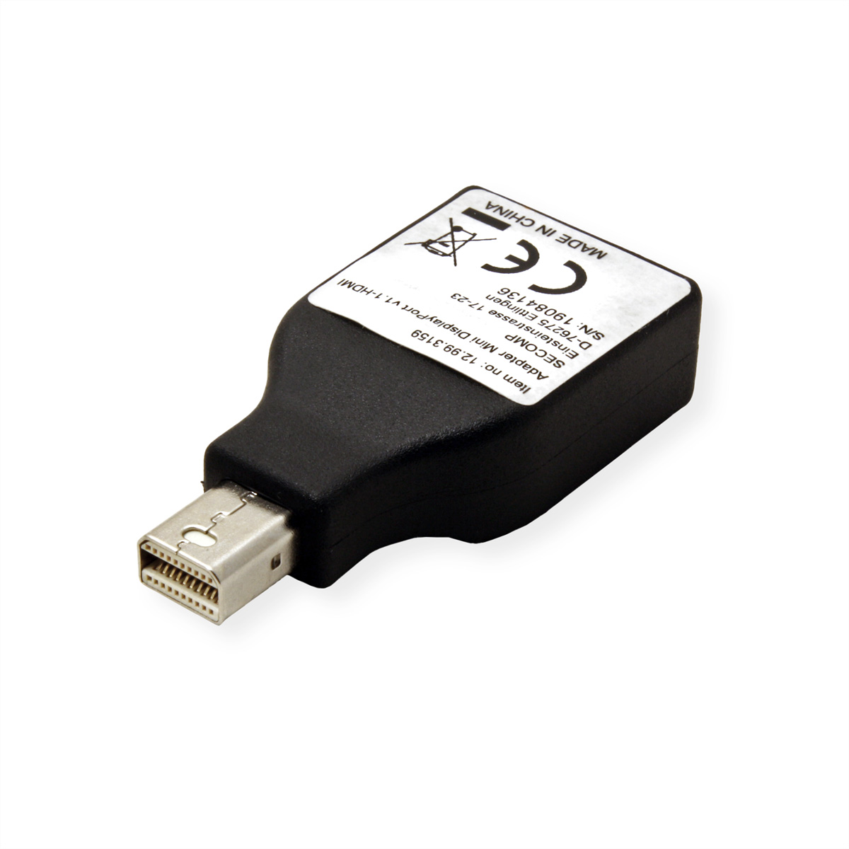 Schwarzer Adapter mit Mini DisplayPort und USB-Anschluss, mit Etikett.