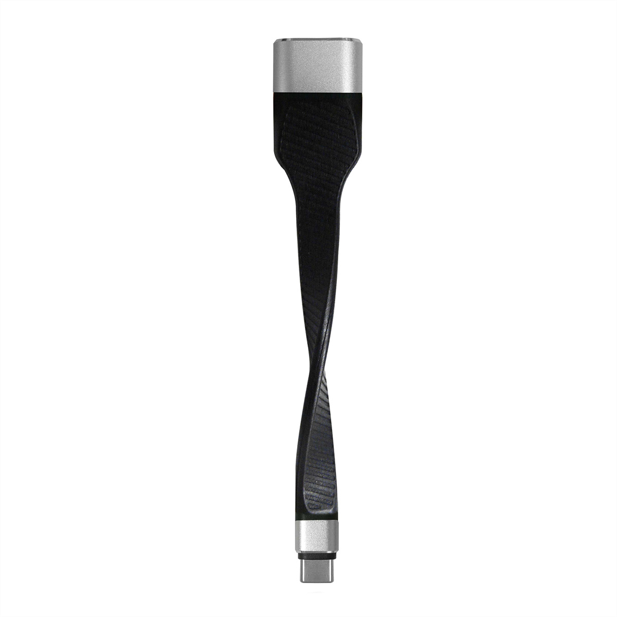 Getwiste zwarte en zilveren kabel met USB-C-connectoren op witte achtergrond.
