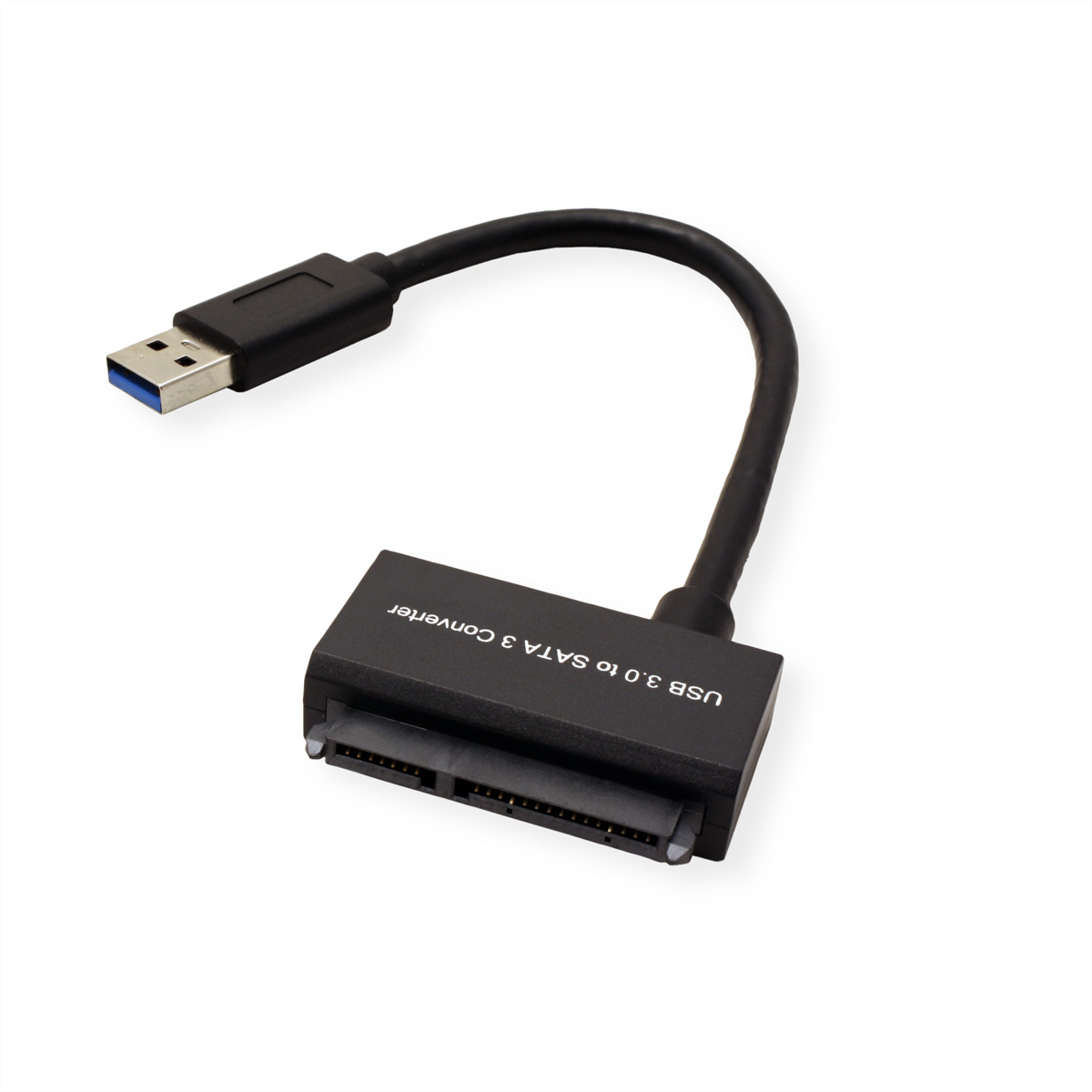 USB 3.0-zu-SATA 3-Konverterkabel, schwarz mit blauem USB-Anschluss, auf weißem Hintergrund.