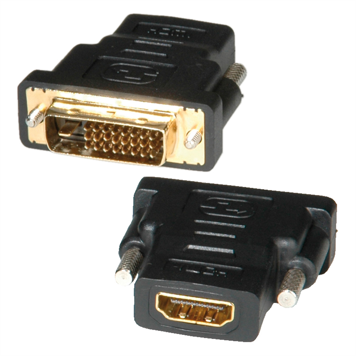 Zwei schwarze DVI-zu-HDMI-Adapter. Einer ist DVI-Stecker auf HDMI-Buchse, der andere umgekehrt.