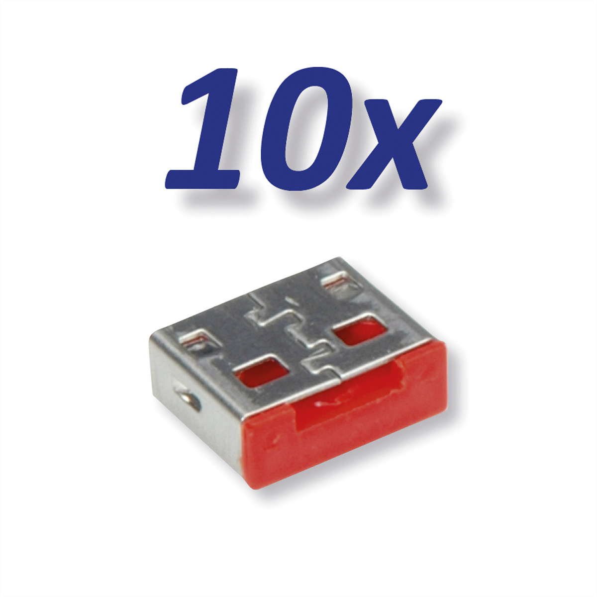 Dix connecteurs USB argentés, plastique rouge, fond blanc.