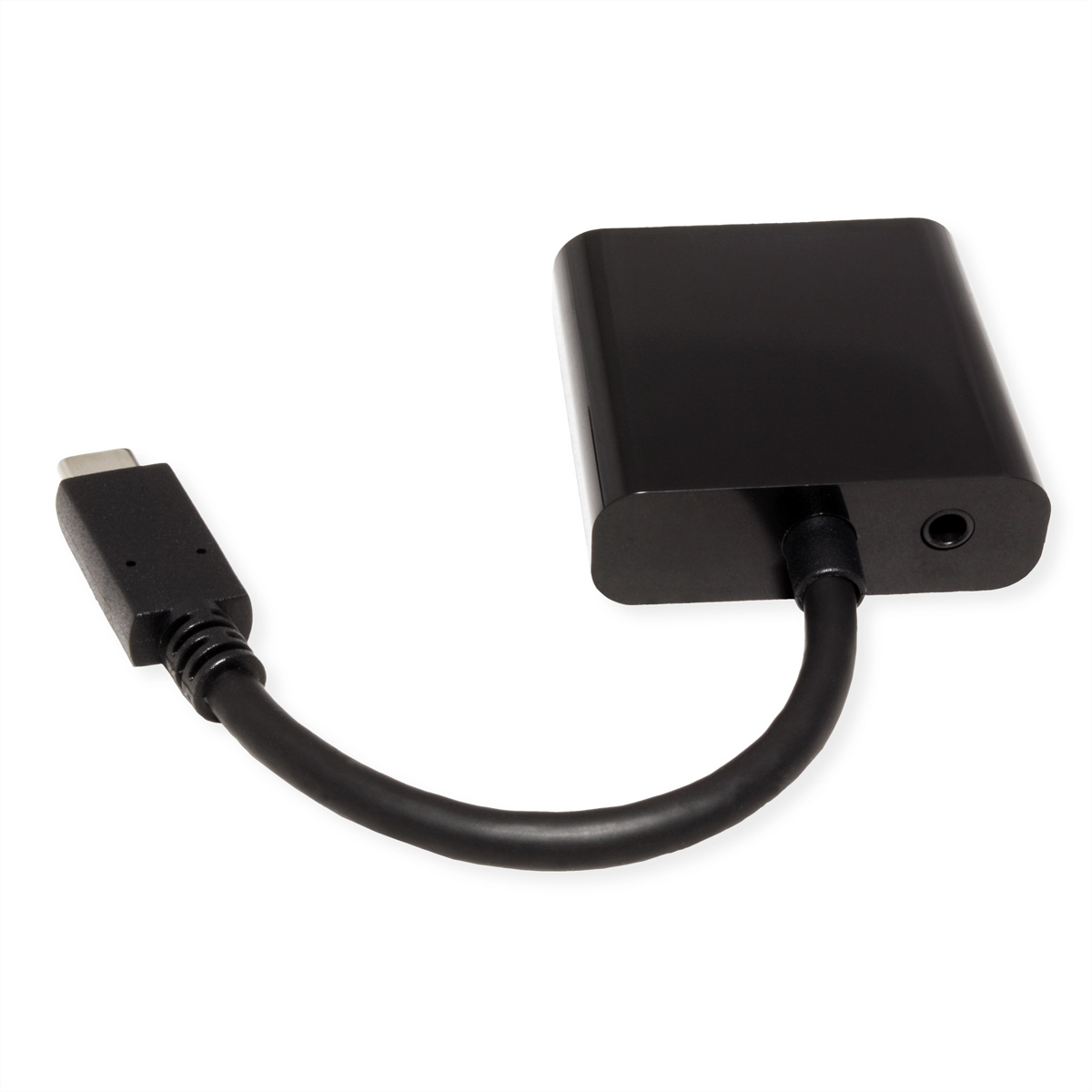 Schwarzer USB-C-Adapter mit Kabel und Kopfhöreranschluss auf weißem Hintergrund.