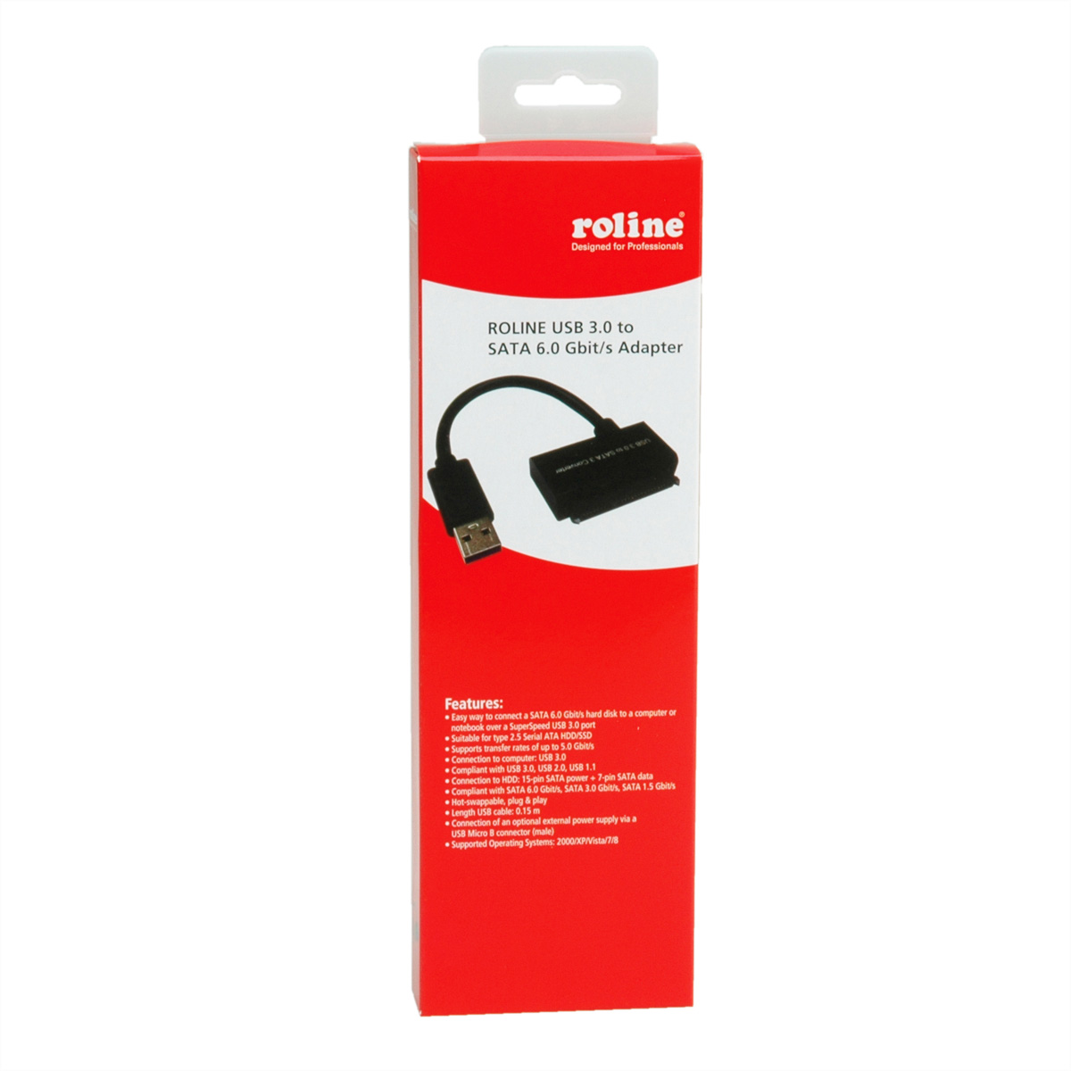 Rote Schachtel mit einem USB-Adapter. Die Schachtel enthält Produktinformationen. Weißer Hintergrund.