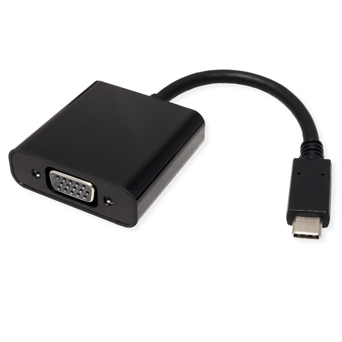 Schwarzer VGA-zu-USB-C-Adapter. Es ist ein kleines elektronisches Gerät.