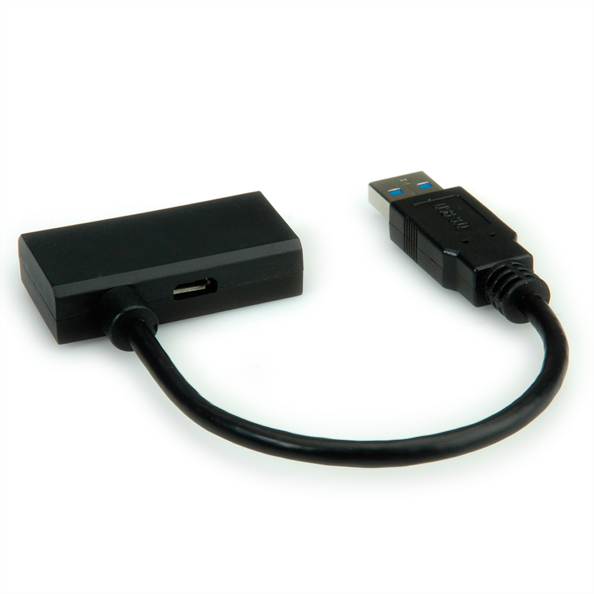 Schwarzes USB-Adapterkabel. USB-A zu einem kleineren USB-Anschluss. Weißer Hintergrund.