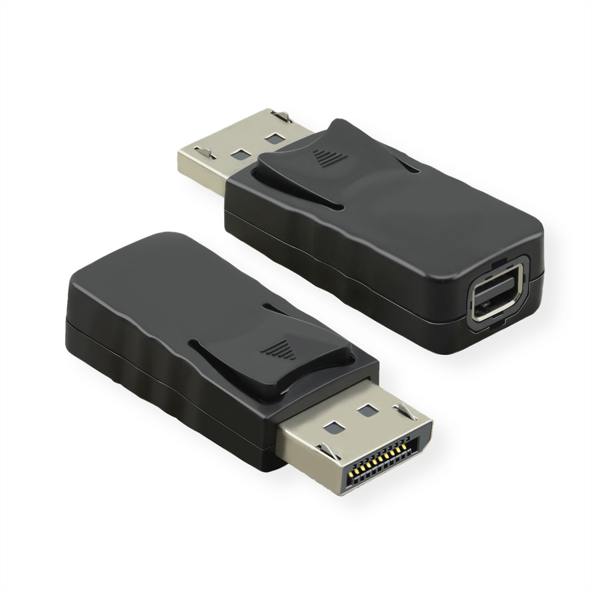 Deux adaptateurs DisplayPort noirs. Un mâle à mâle, l'autre avec un bouton de déverrouillage.