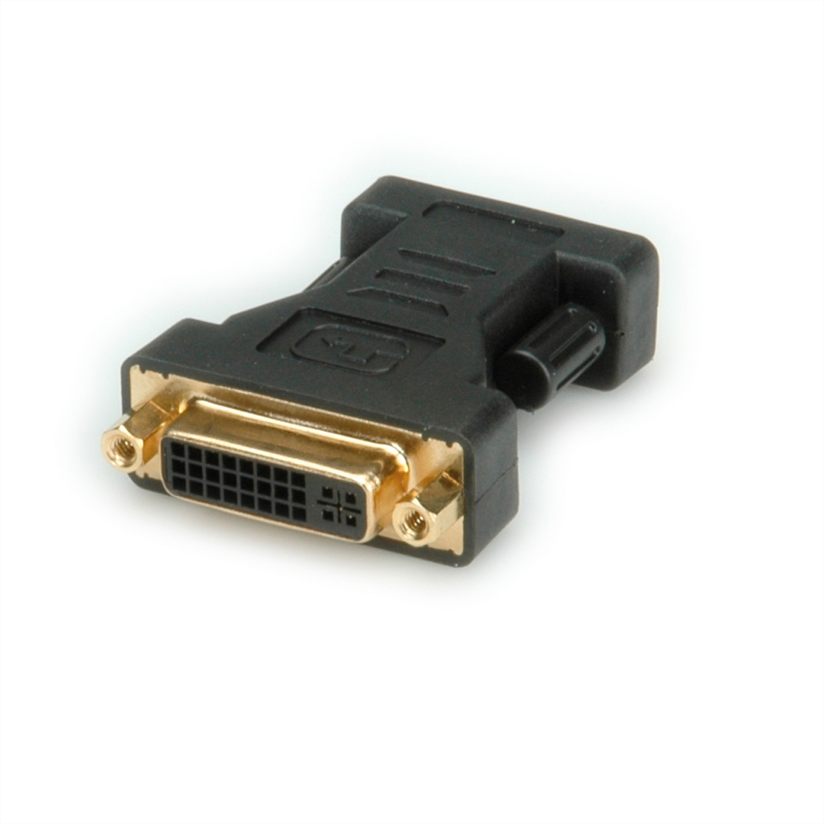 Een zwarte DVI naar HDMI-adapter met goudkleurige connectoren op een witte achtergrond.