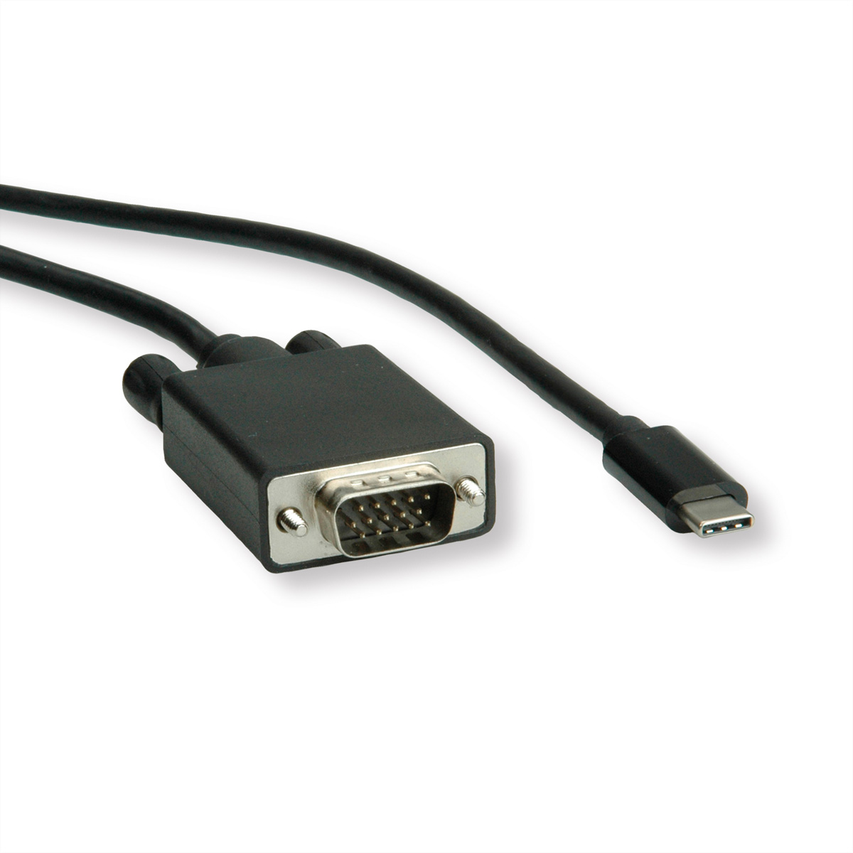 VGA-zu-USB-C-Kabel mit schwarzem VGA-Stecker und USB-C-Stecker auf weißem Grund.
