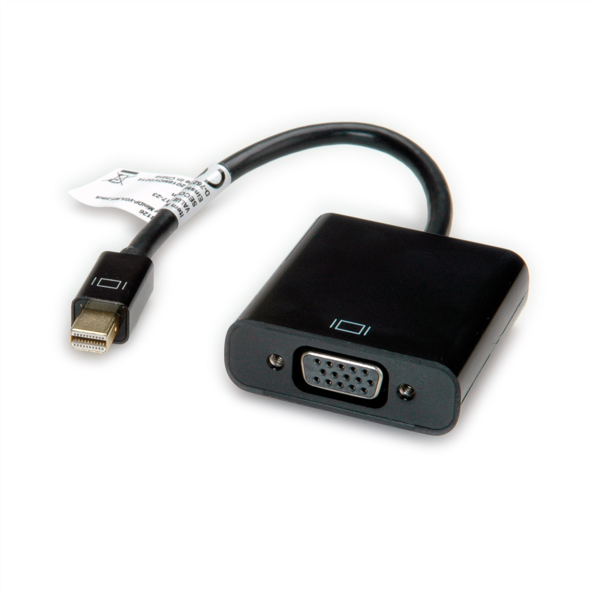 Schwarzer Adapter. Er hat einen Mini DisplayPort an einem Ende und einen VGA-Anschluss am anderen Ende.