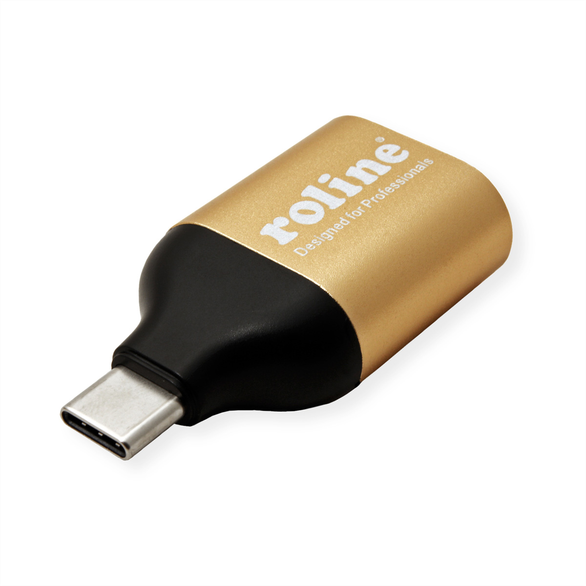 Goldener und schwarzer USB-C-Adapter mit weißem Roline-Logo, auf weißem Hintergrund.