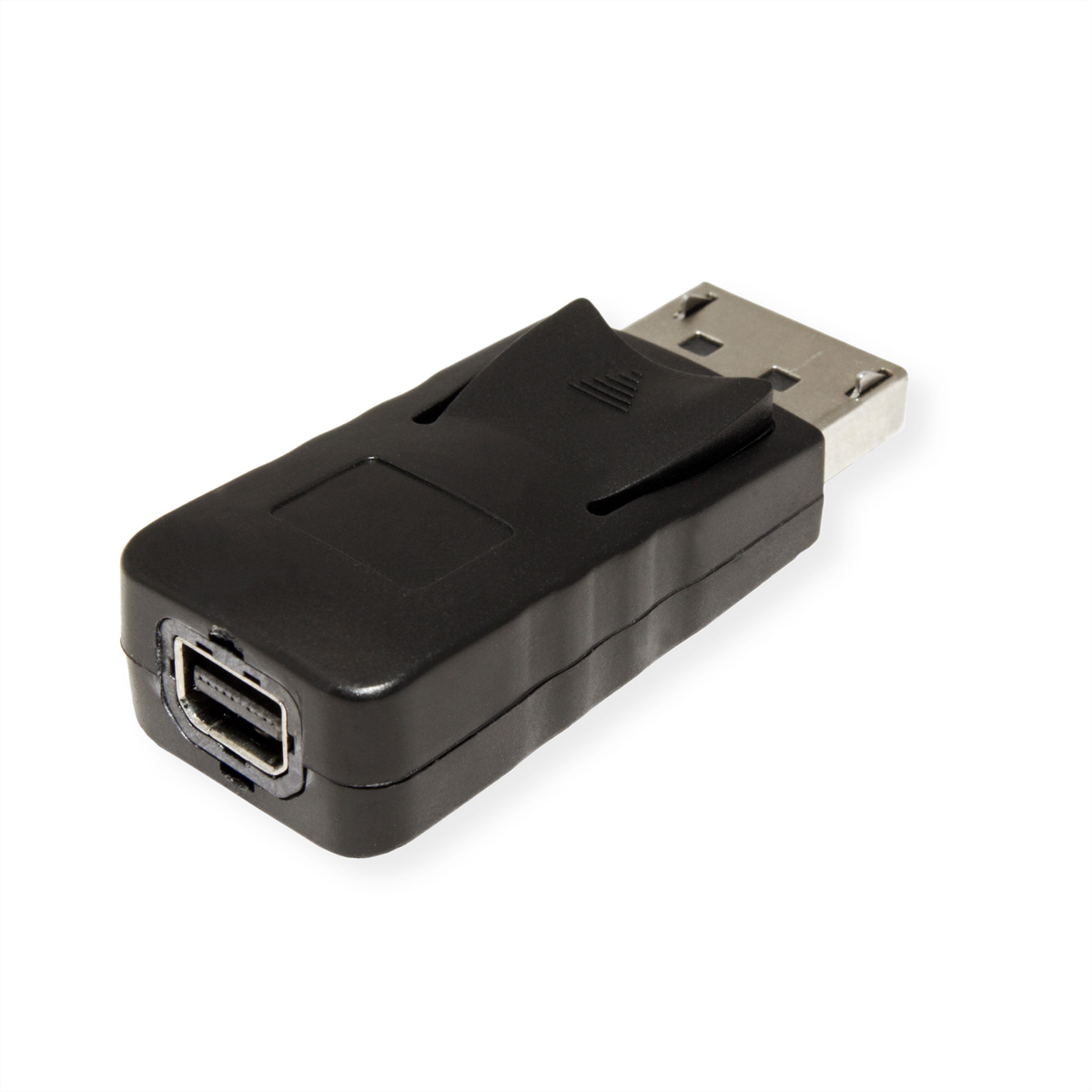 Un adaptateur noir avec un port USB et un port d'affichage. Il est sur un fond blanc.