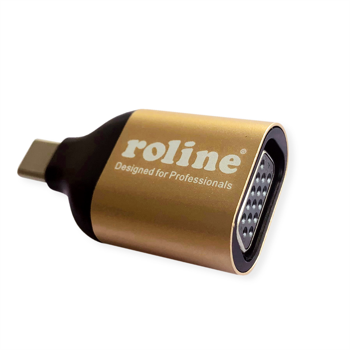 Ein goldfarbener USB-C-auf-VGA-Adapter. Er hat ein goldenes Gehäuse und die Aufschrift 'roline'.