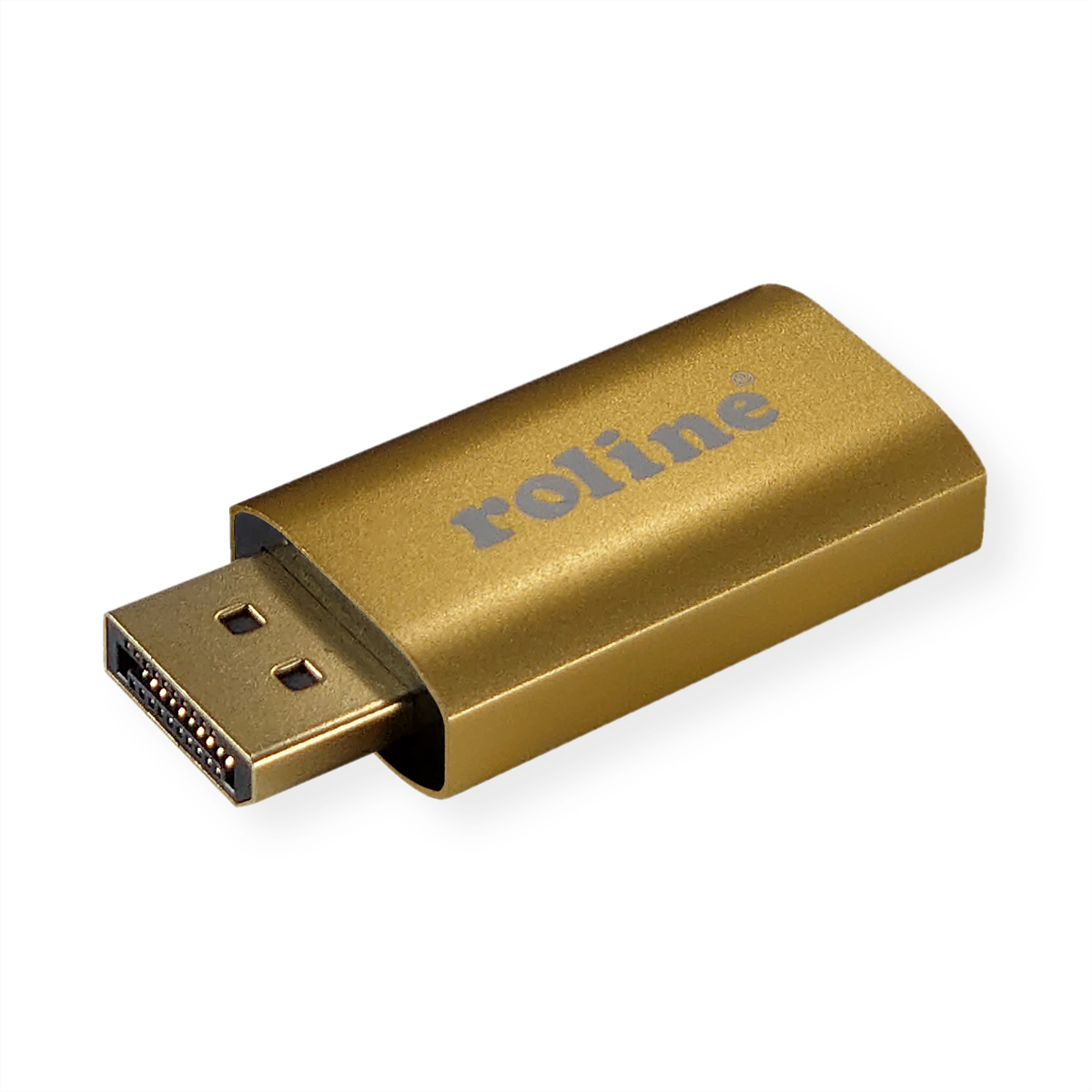 Goldfarbener DisplayPort-Adapter. Zeigt die Marke 'roline'. Weißer Hintergrund.