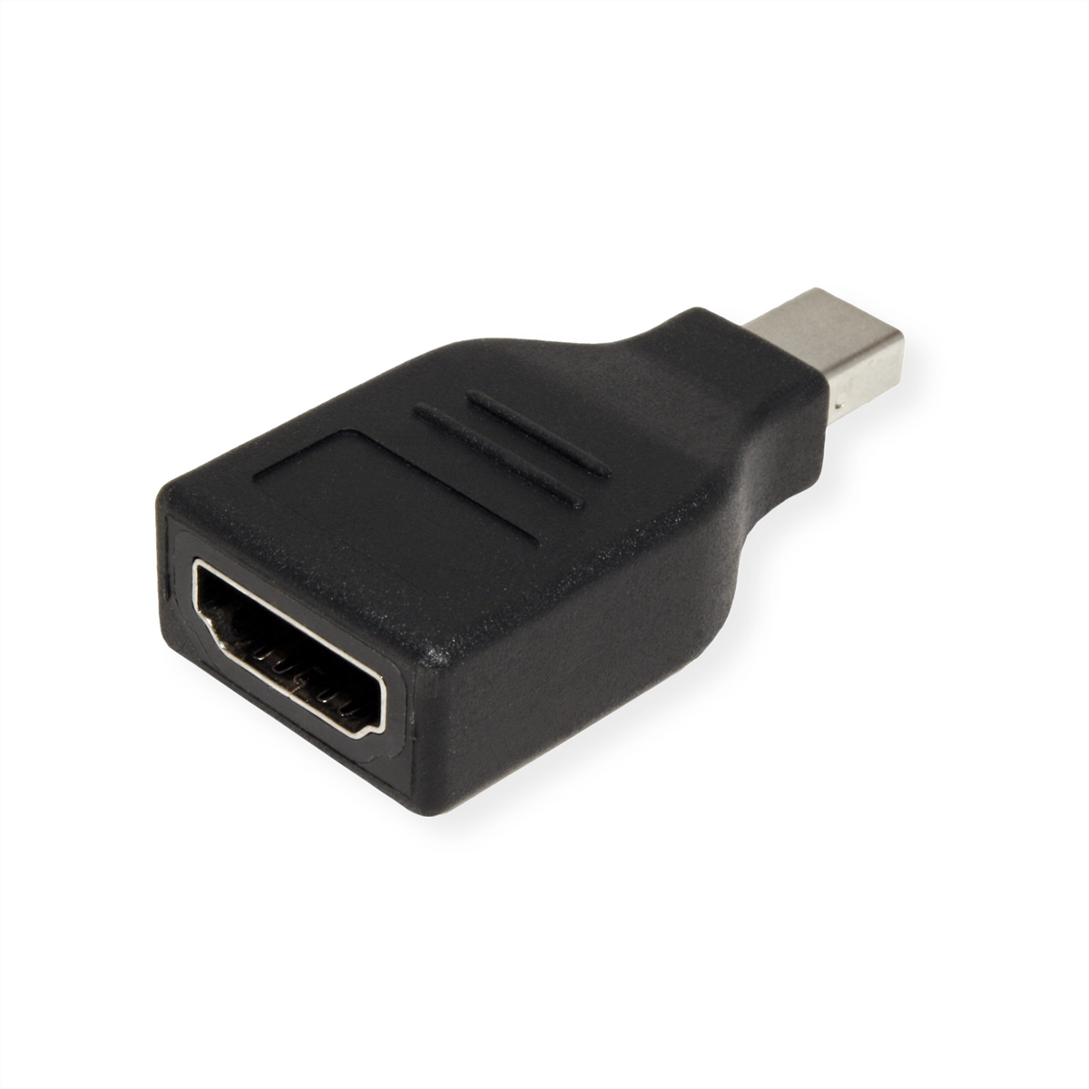 Schwarzer HDMI-zu-USB-C-Adapter auf weißem Hintergrund.