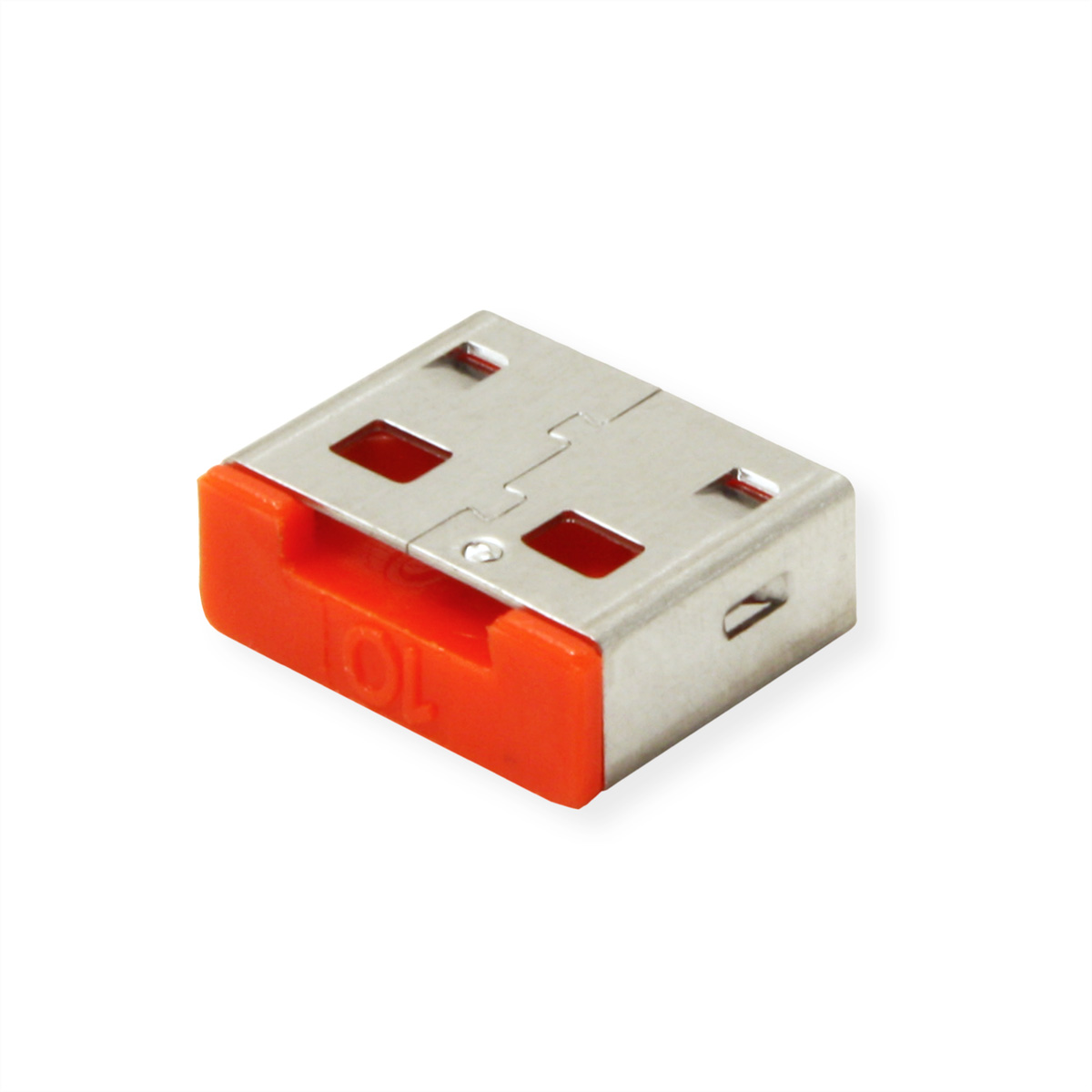 Un petit adaptateur USB orange et argenté. C'est un adaptateur USB femelle vers USB femelle.