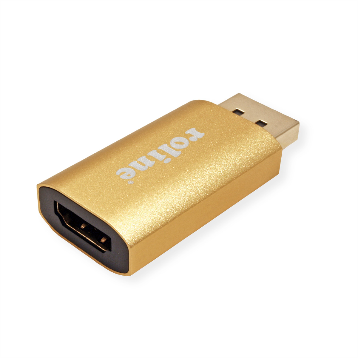 Goldener HDMI-Adapter, USB-Ende rechts, schwarzer Anschluss links, weißer Hintergrund.