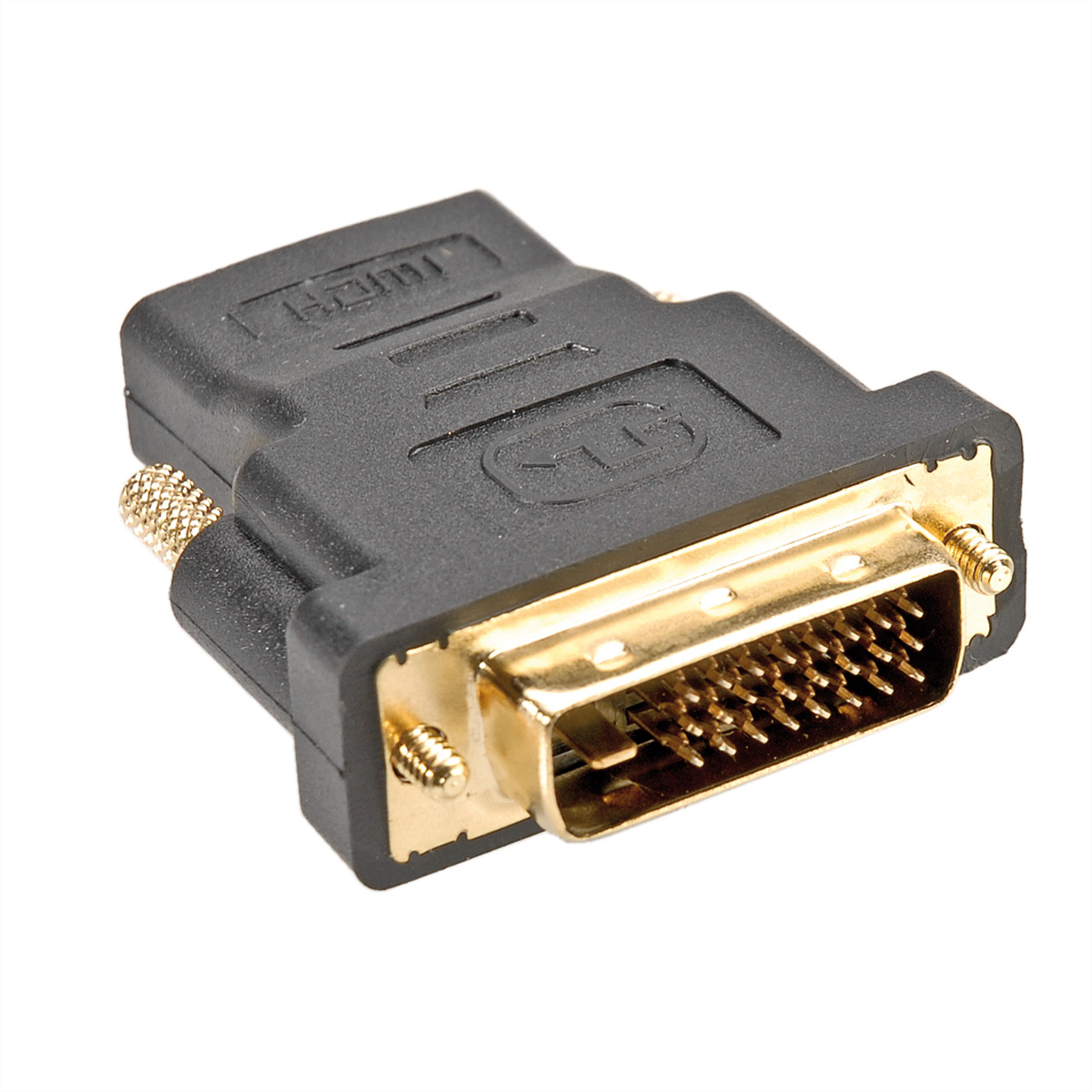 Schwarzer HDMI-zu-DVI-Adapter auf weißem Hintergrund. Das DVI-Ende hat goldene Pins.