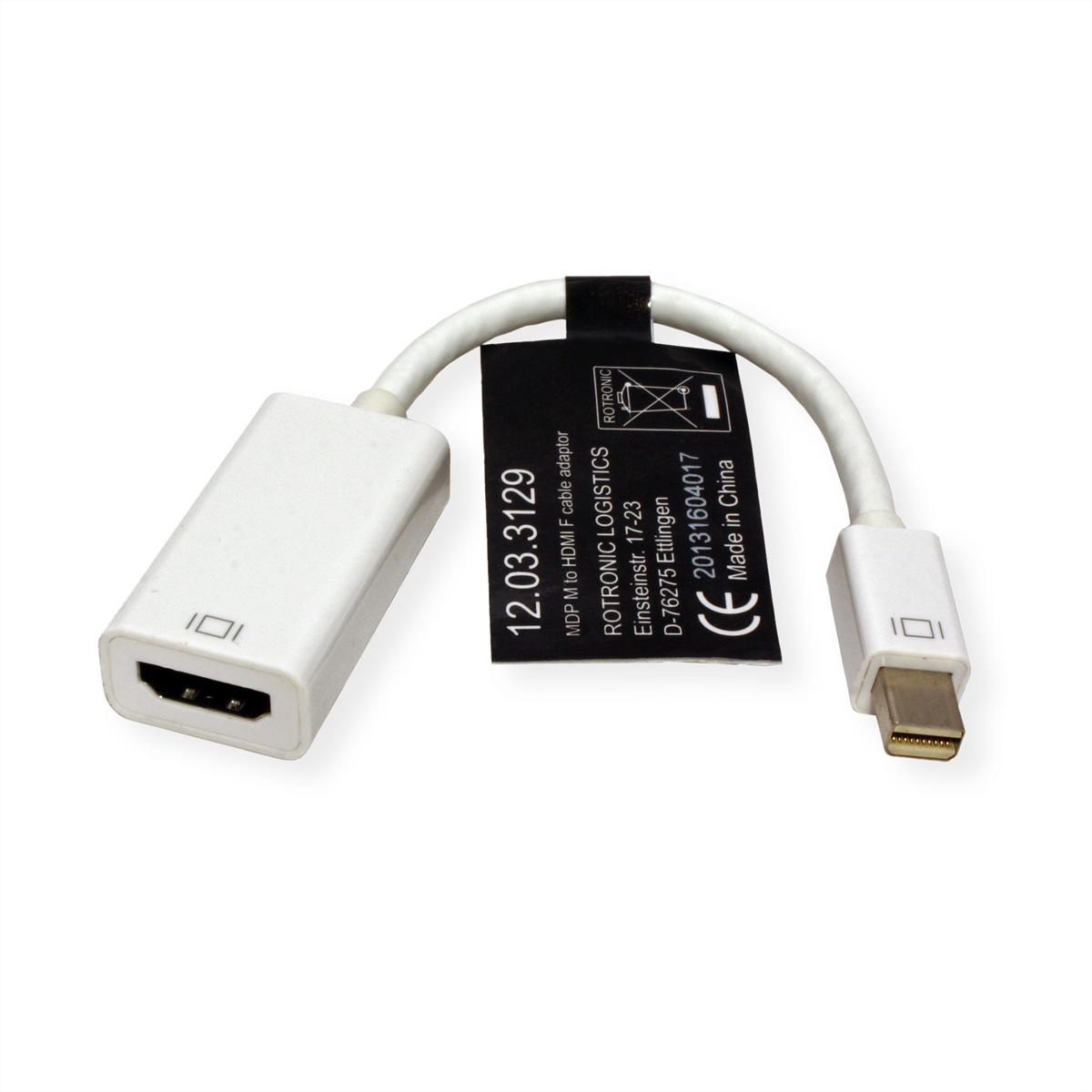 Witte adapter met HDMI en Mini DisplayPort, verbonden met een witte kabel. Zwart label.