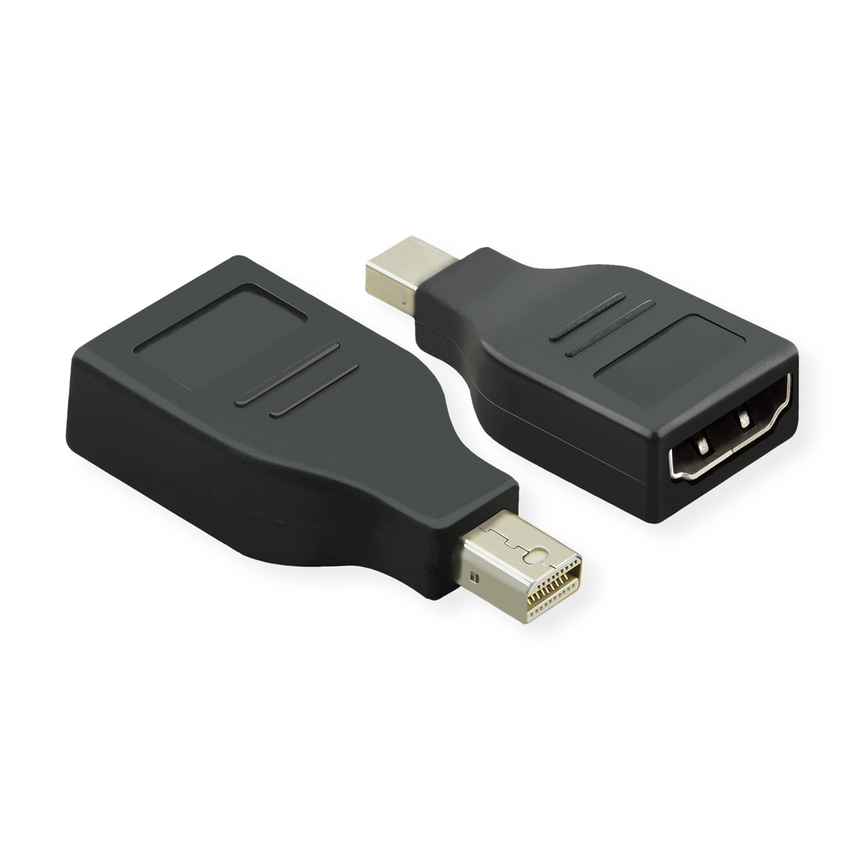 Zwei schwarze Adapter: Mini DisplayPort zu DisplayPort, Nahaufnahme.