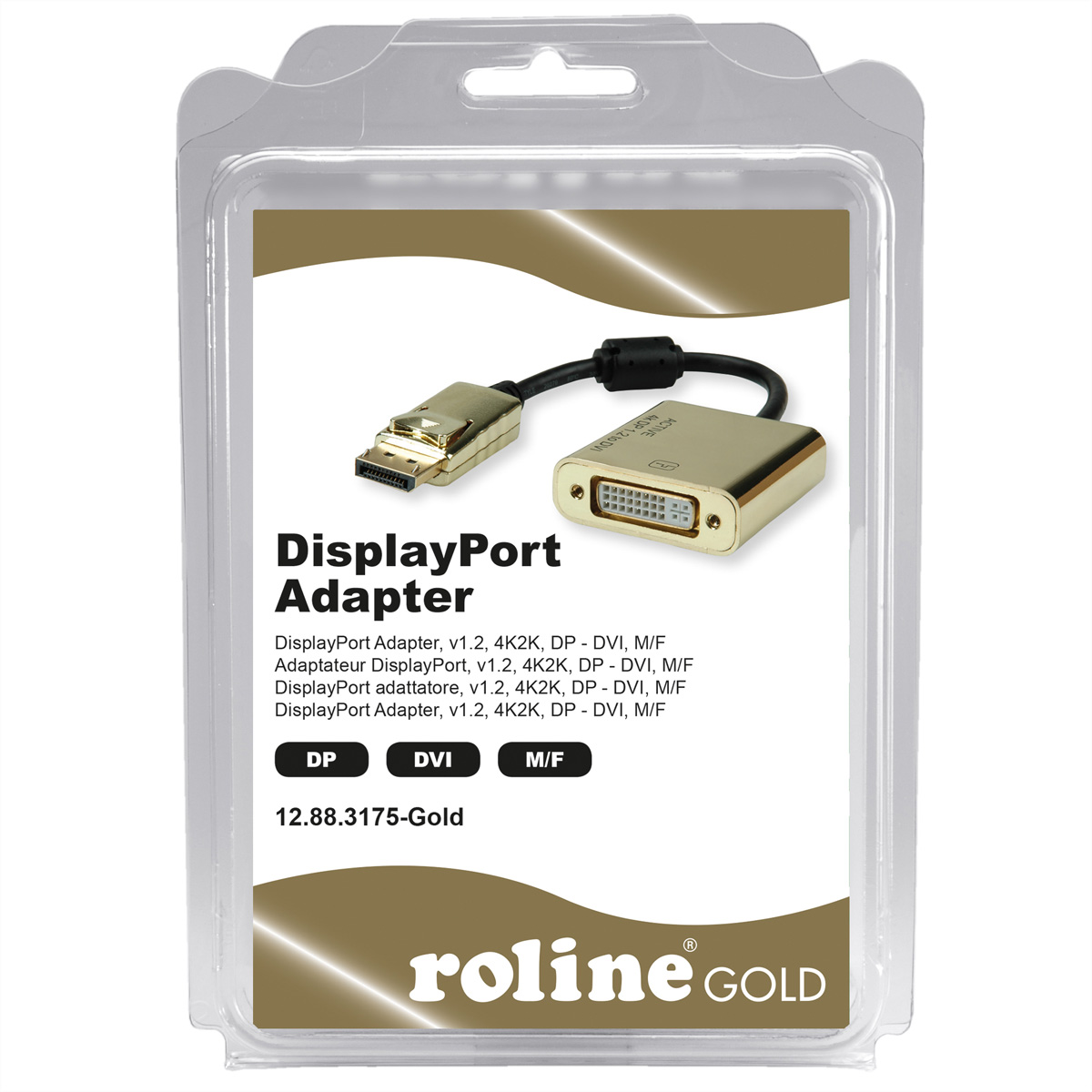 Adaptador DisplayPort dorado en caja de plástico. Muestra DP, DVI y M/F.